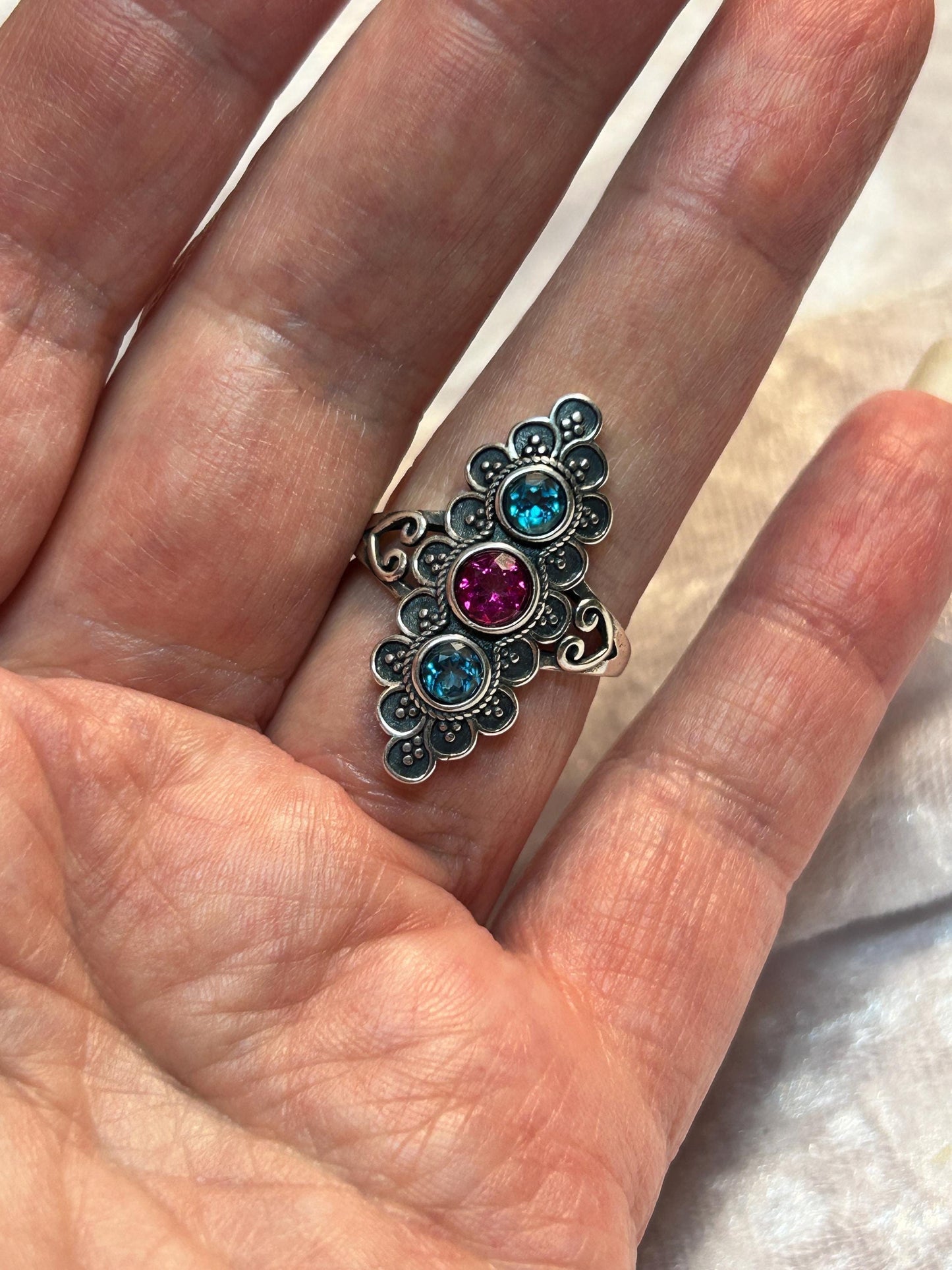 Ornate Triple Gemstone Ring with Topaz • 925 Sterling Silver • Adjustable • Gift Box