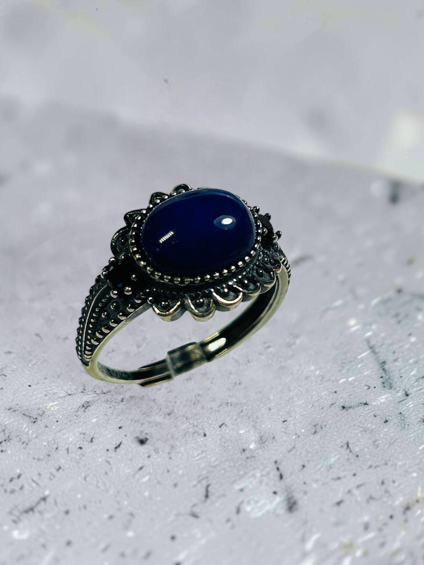Unisex Lapis Lazuli Ring with Black Spinel Gemstone Accents • 925 Sterling Silver • Adjustable • Gift Box