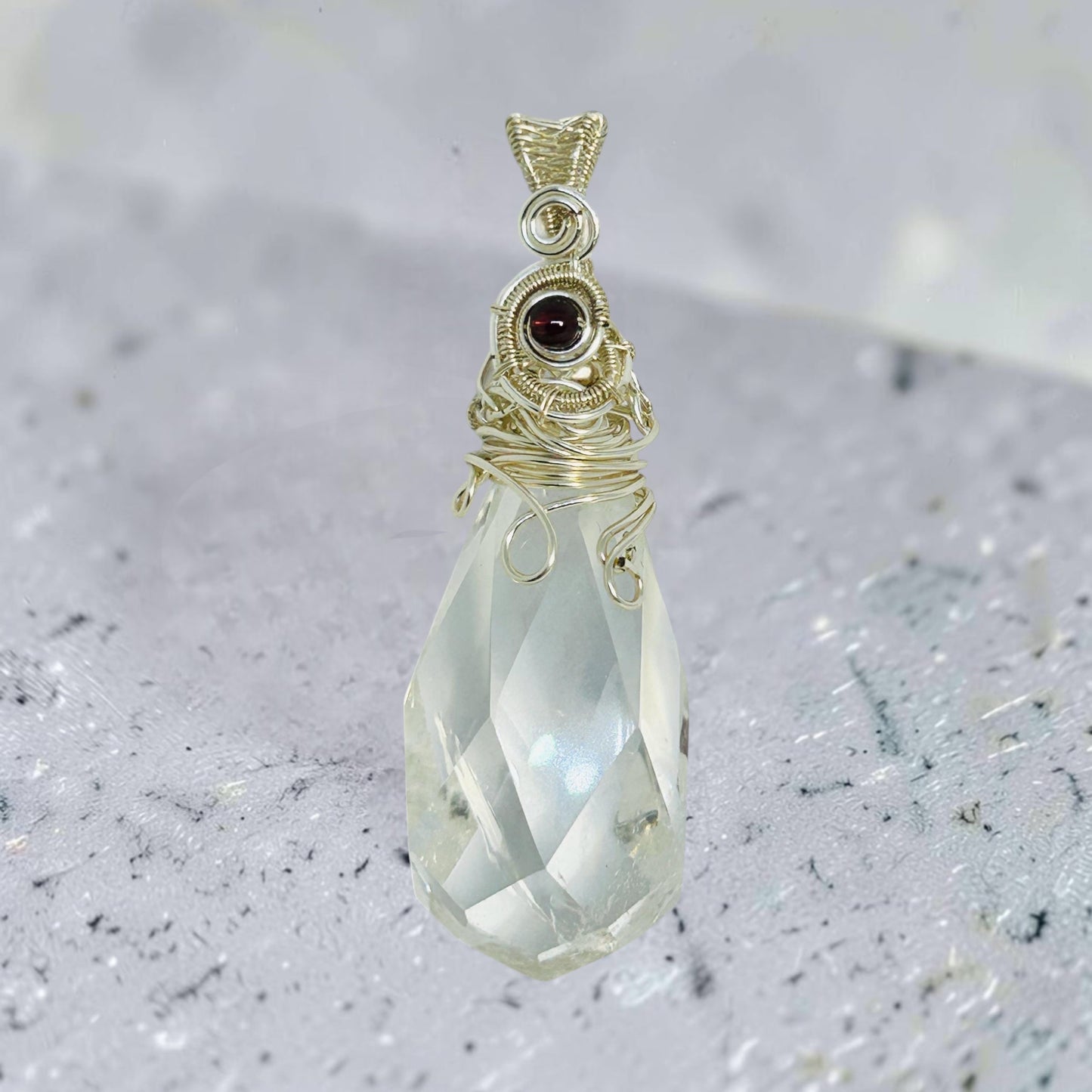 Faceted Clear Quartz Pendant with Garnet Bead • Wire Wrapped Teardrop • Gift Bag