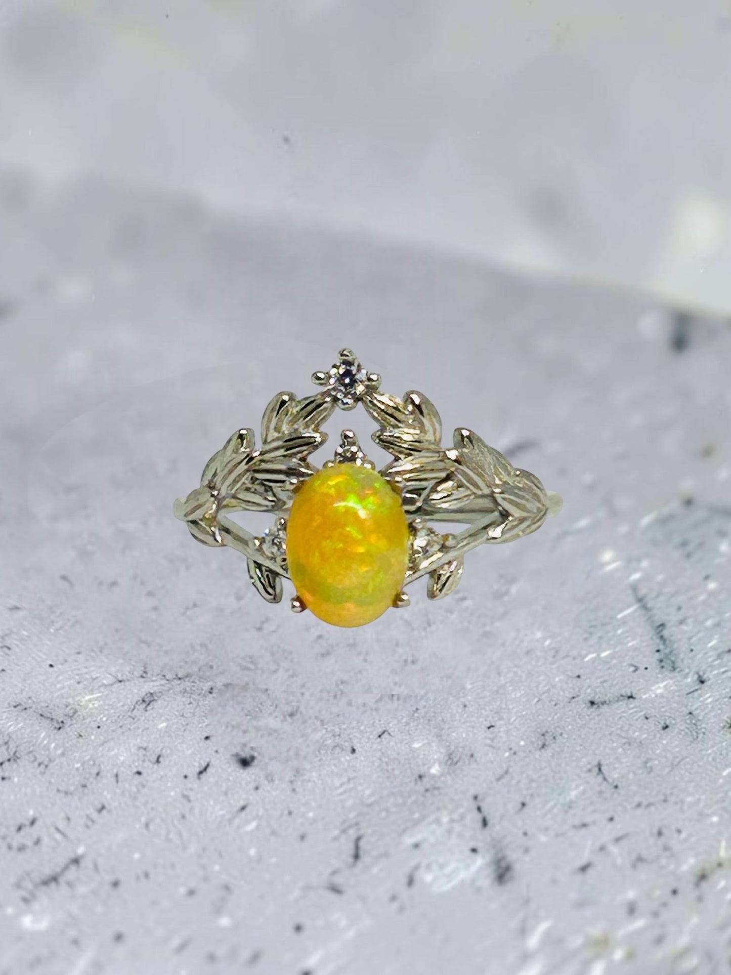 Leaf Ring with Opal Gemstone & CZ Accents • 925 Sterling Silver • Adjustable • Gift Box