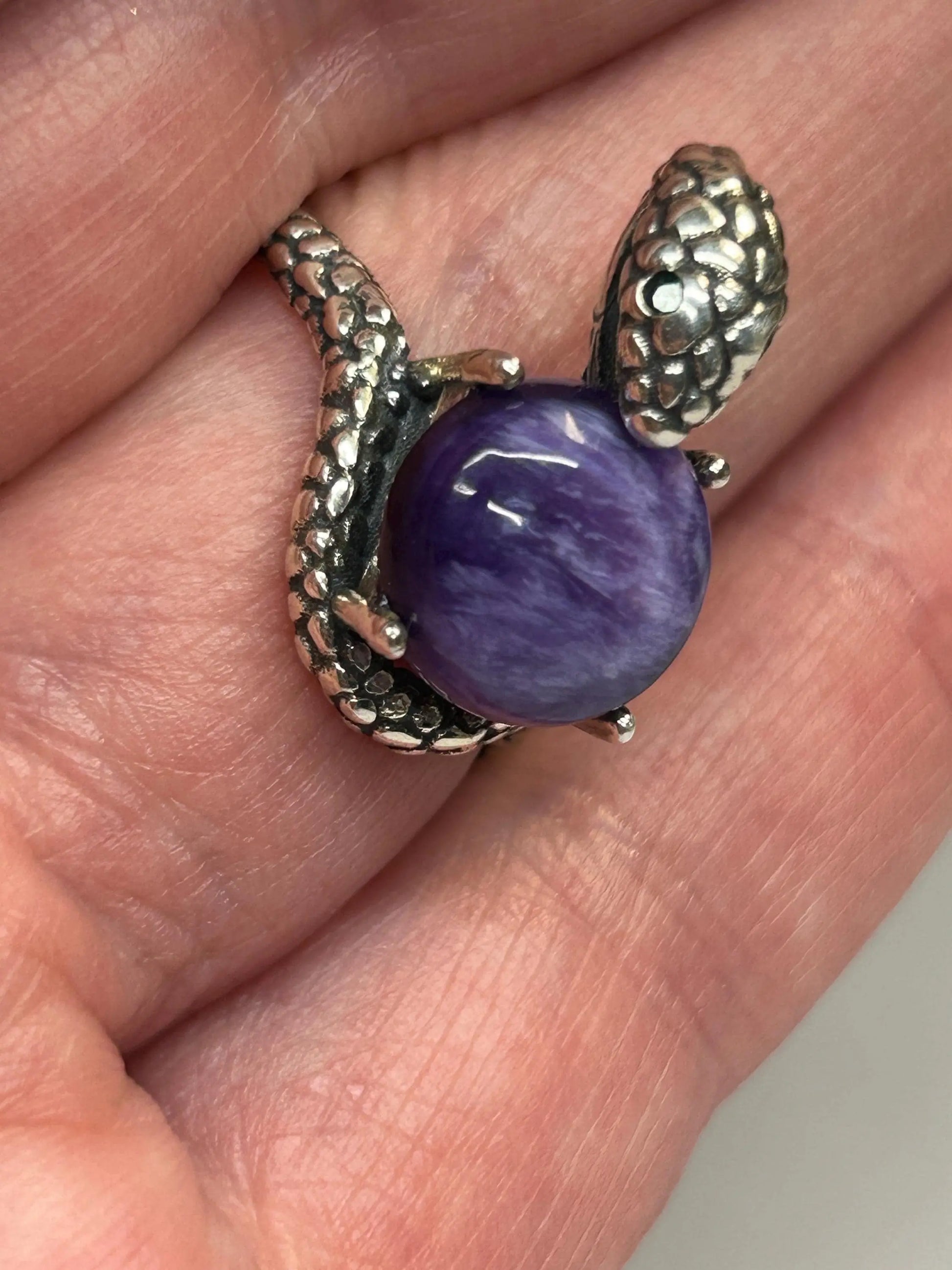 925 Silver Snake Ring with Charoite - Adjustable Serpent Jewellery with CZ Eyes - Gift Boxed Celtic Dragon Jewellery