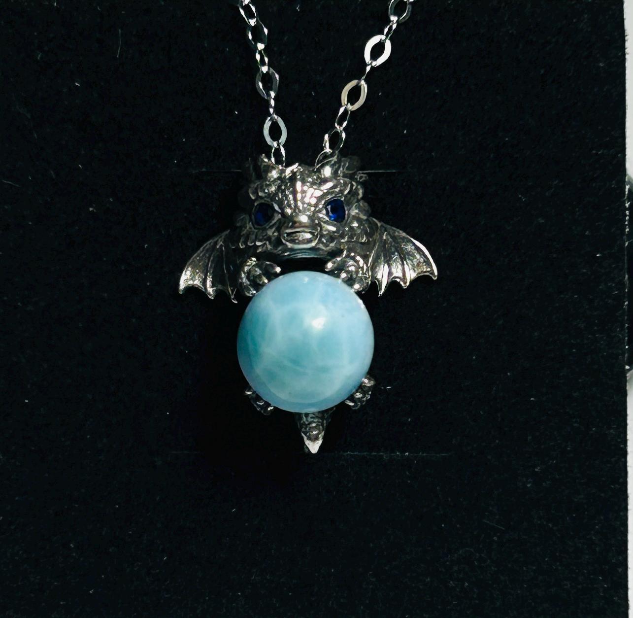 Sterling Silver Baby Dragon Pendant With Larimar Gemstone - 925 - Gift Boxed - Item No.2