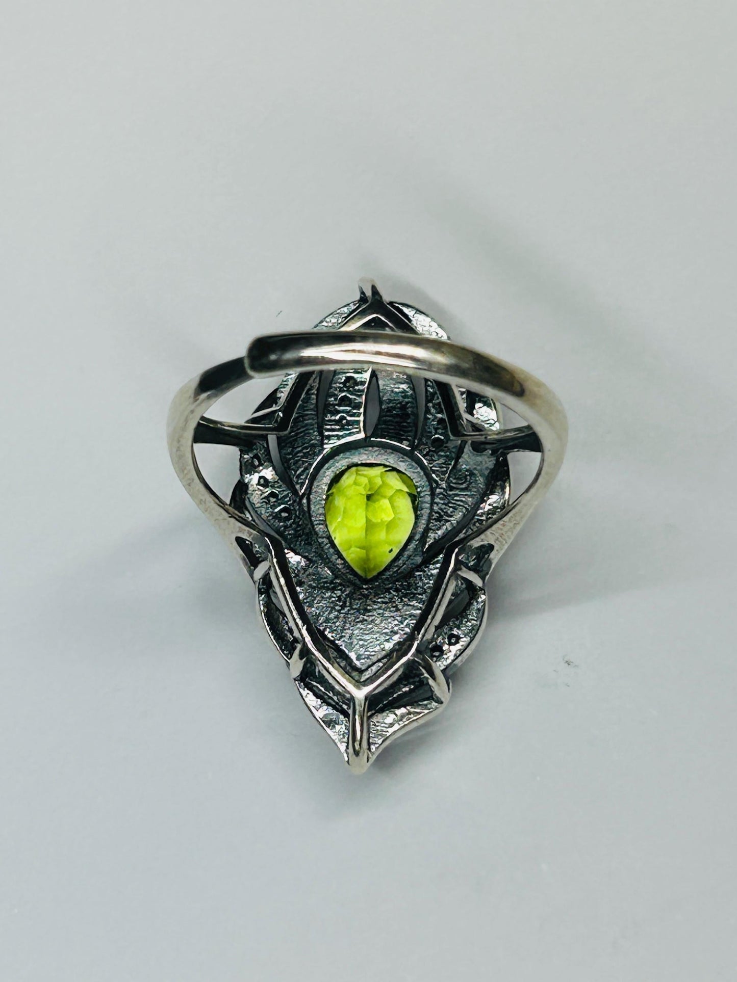 925 Silver Feather Ring • Peacock Feather with Peridot Gemstone • CZ Accents • Adjustable • Giftbox