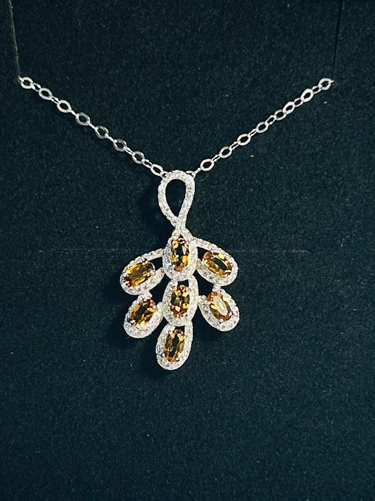 Citrine Leaf Pendant: 925 Sterling Silver & CZ Gemstones