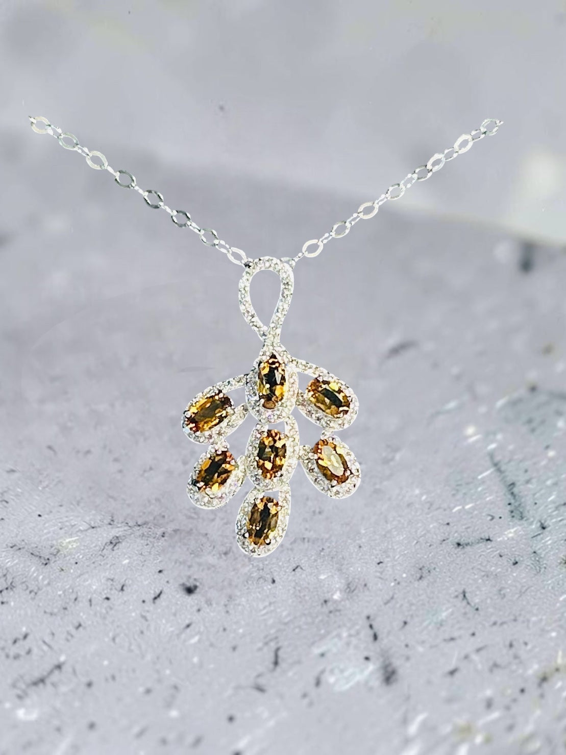 Leaf Pendant with Citrine Gemstones • 925 Sterling Silver • CZ Accents • Gift Box