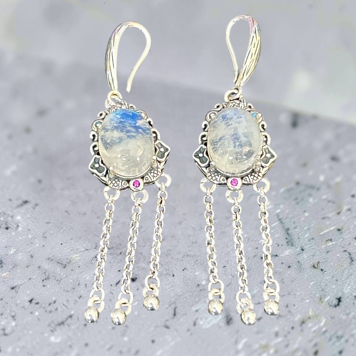 Rainbow Moonstone Earrings with Beaded Chain Droppers • 925 Sterling Silver • Gift Box