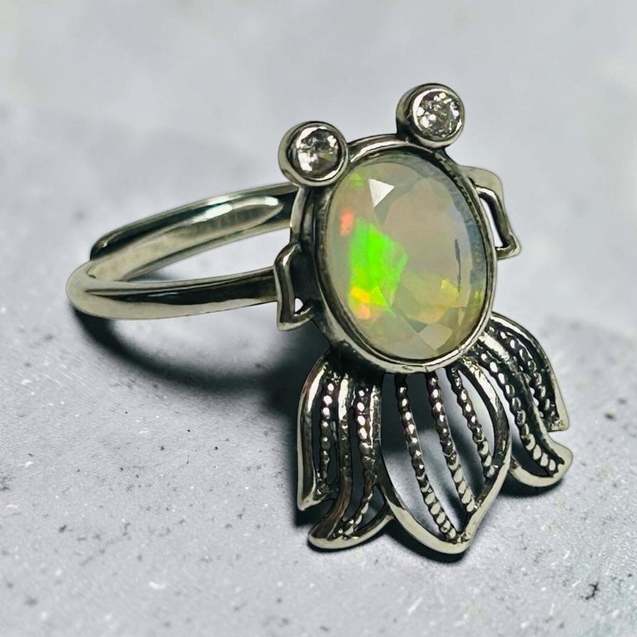 Cute Fish Ring With Faceted Opal Gemstone & CZ • 925 Sterling Silver • Adjustable • Gift box