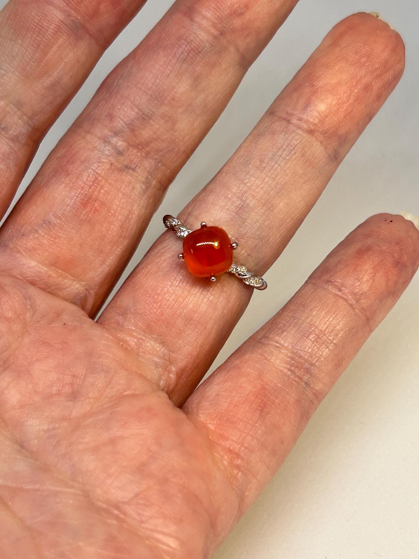 Dainty Stacking Ring with Orange Agate & CZ Accents • 925 Sterling Silver • Adjustable • Gift Box