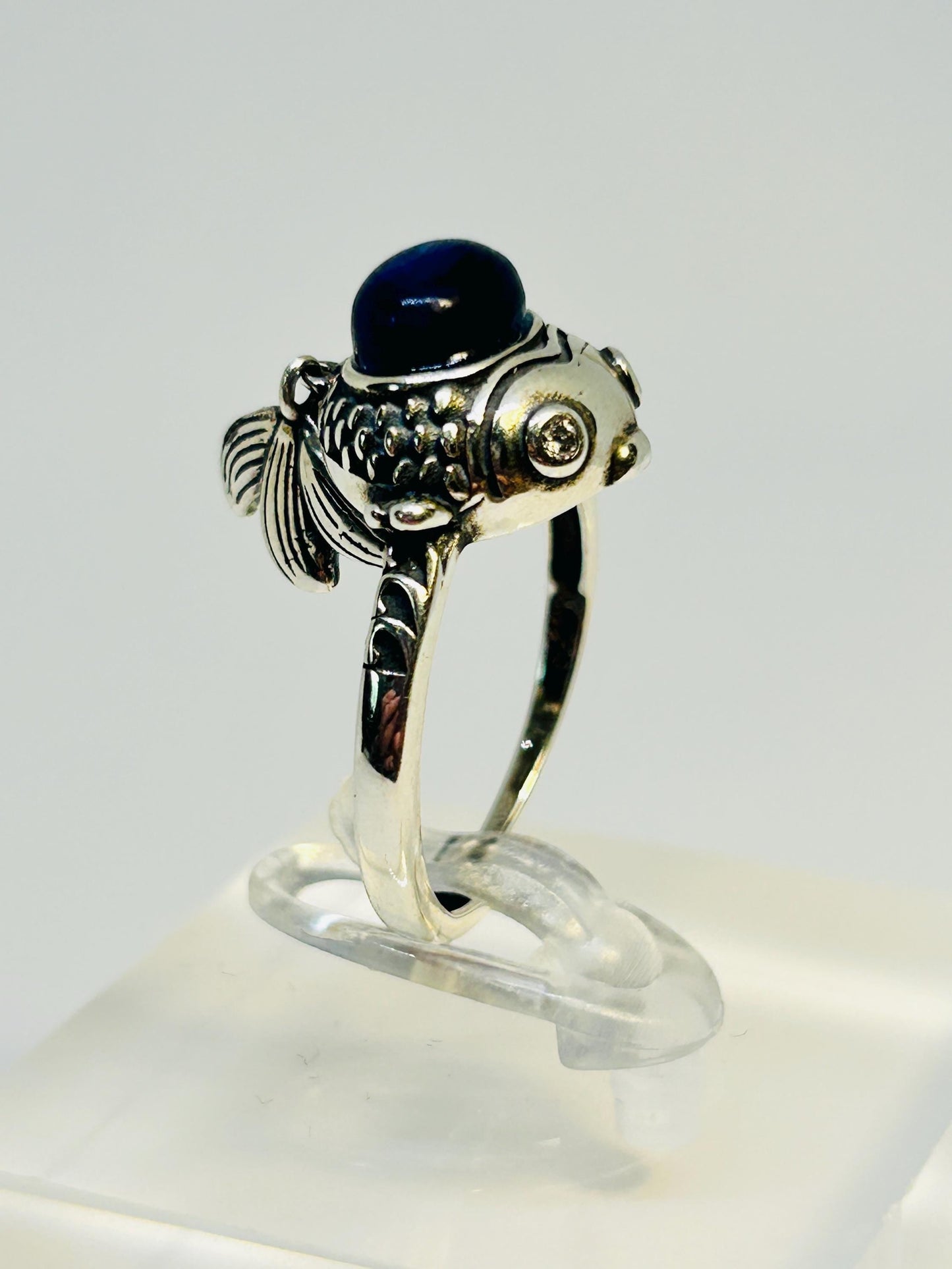Fancy Fish Ring with Blue Kyanite Gemstone & Dangling Tail • 925 Sterling Silver • Adjustable • Gift Box