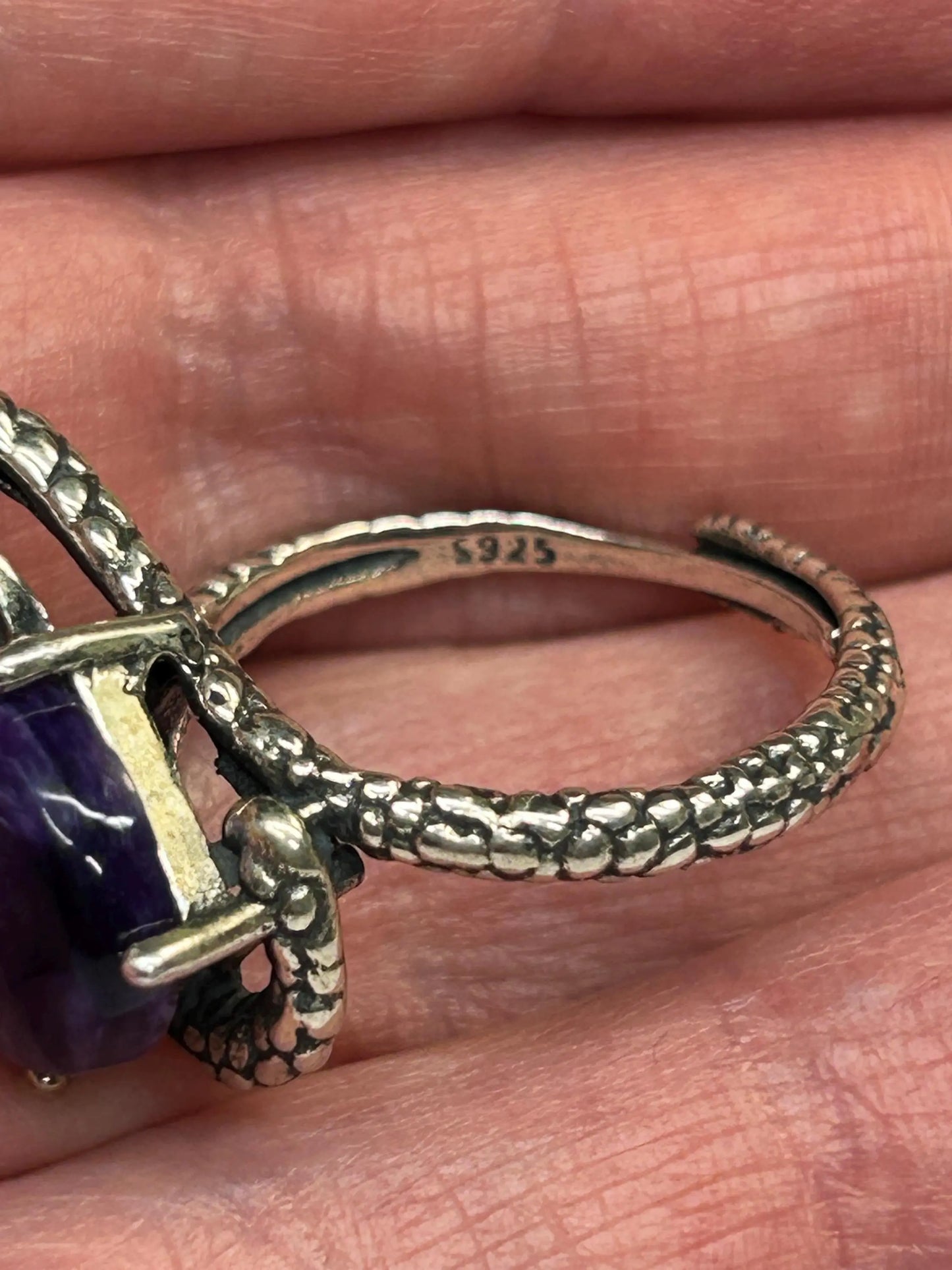 925 Silver Snake Ring with Charoite - Adjustable Serpent Jewellery with CZ Eyes - Gift Boxed Celtic Dragon Jewellery