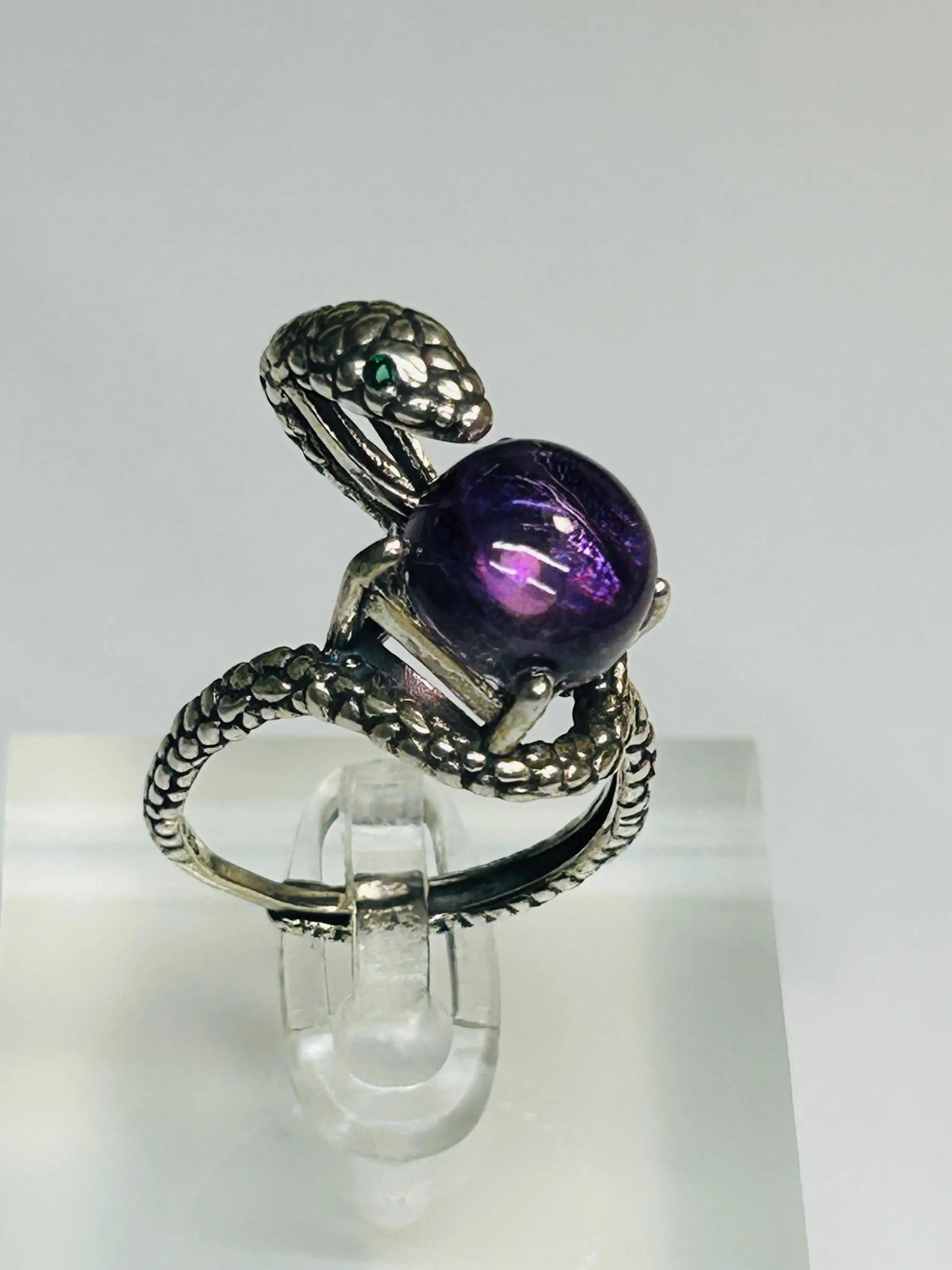 925 Silver Snake Ring with Amethyst - Adjustable Serpent Jewellery with CZ Eyes - Gift Boxed Celtic Dragon Jewellery