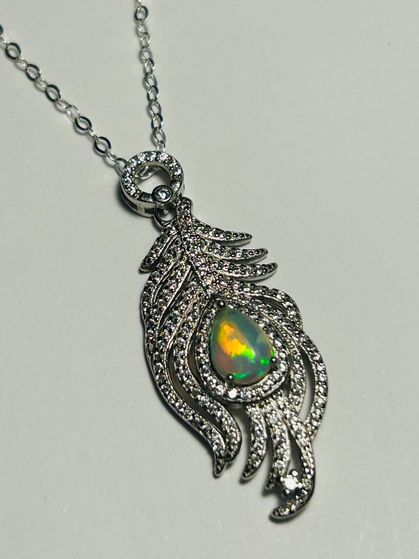 Sterling Silver Peacock Feather Pendant: Rainbow Opal & CZ