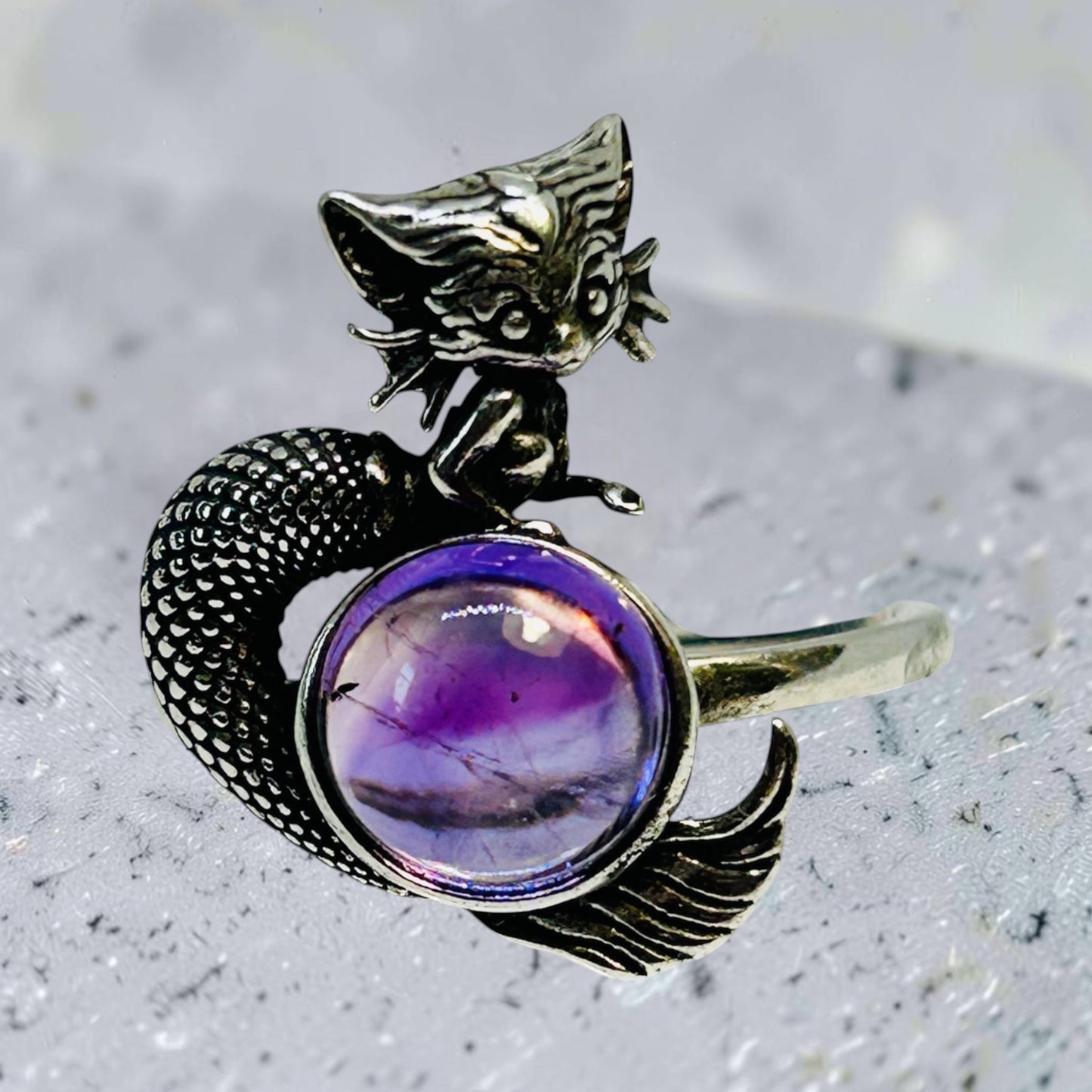 Mythical Naga Ring with Amethyst Gemstone • 925 Sterling Silver • Adjustable • Gift Box