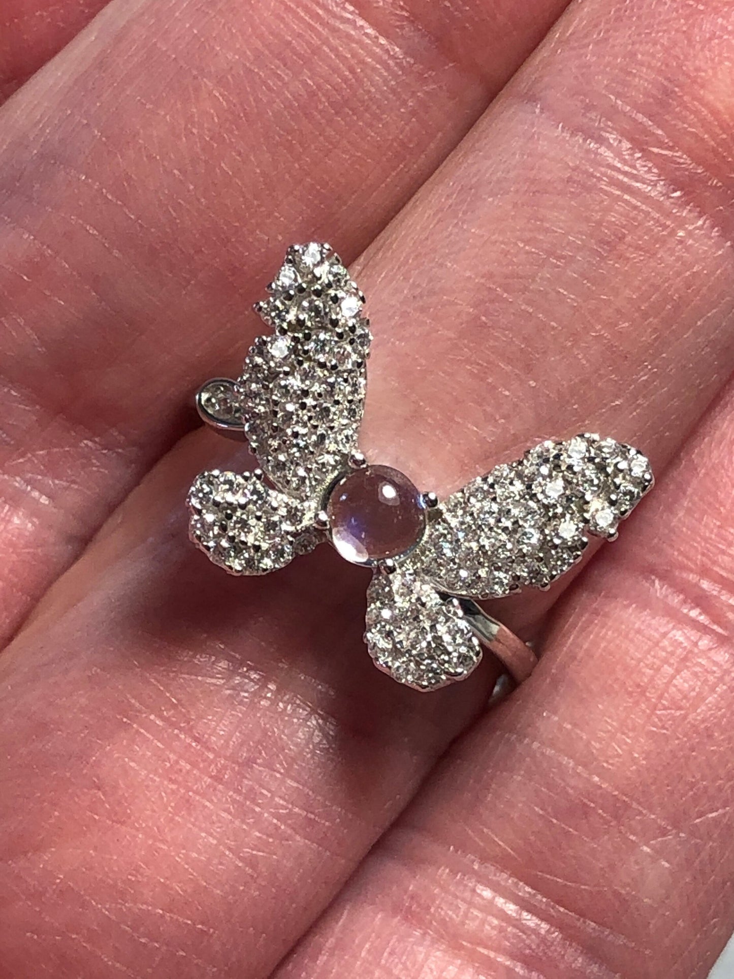 Butterfly Ring with Moonstone & CZ Gemstones • 925 Sterling Silver • Adjustable • Gift Box