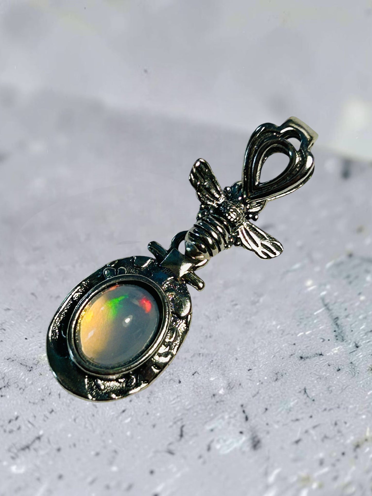 Bumble Bee Pendant with Opal Gemstone • 925 Sterling Silver • Gift Box