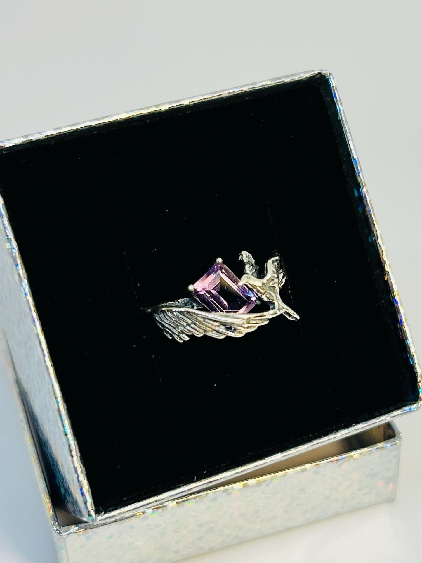 Pretty Bird Ring with Amethyst Gemstone • 925 Sterling Silver • Adjustable • Gift Box