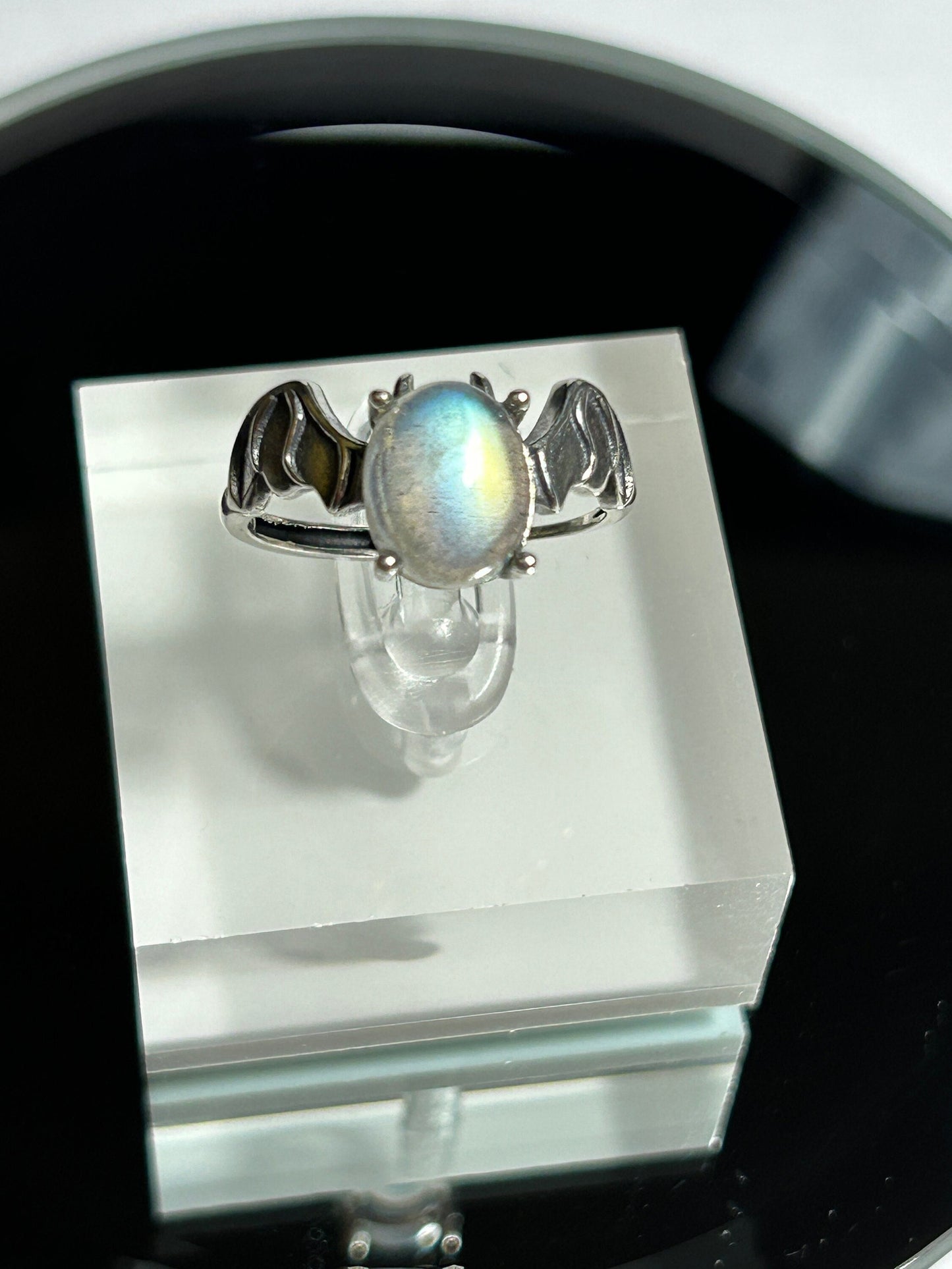 Labradorite Bat Ring: Adjustable 925 Sterling Silver Gemstone - Halloween Theme