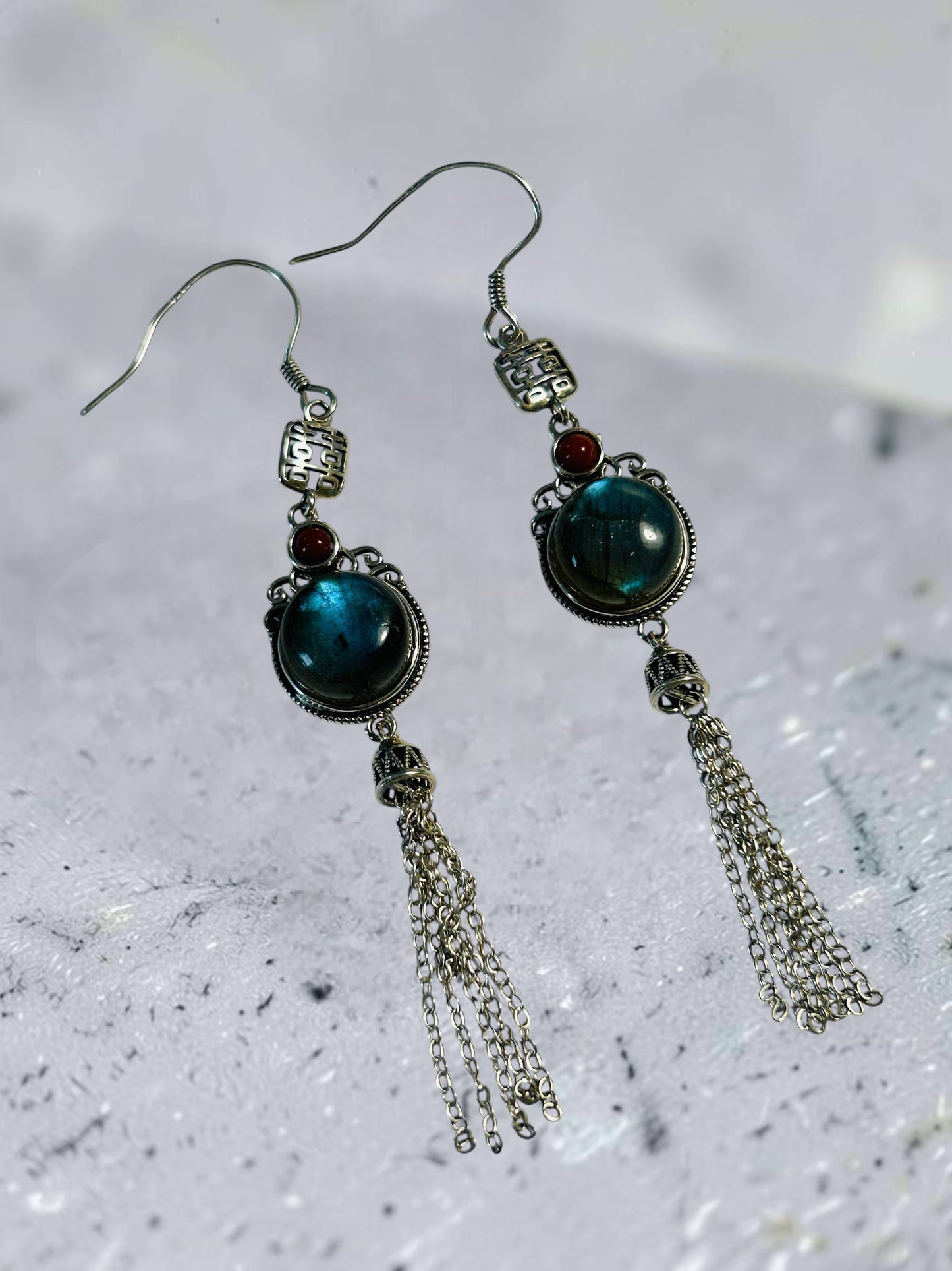 Labradorite Earrings with Tassel Chain Droppers • 925 Sterling Silver • Gift Box
