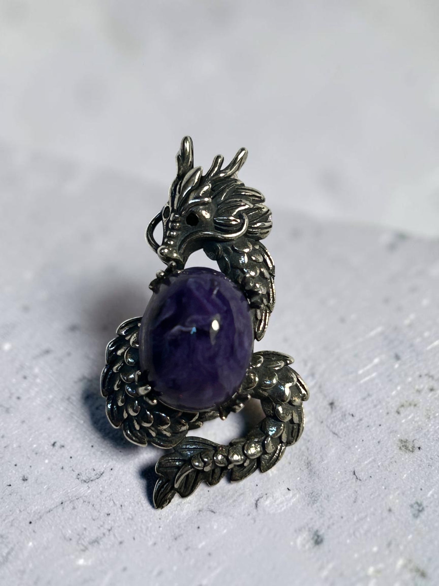 Dragon Pendant with Charoite Gemstone • 925 Sterling Silver • Gift Box