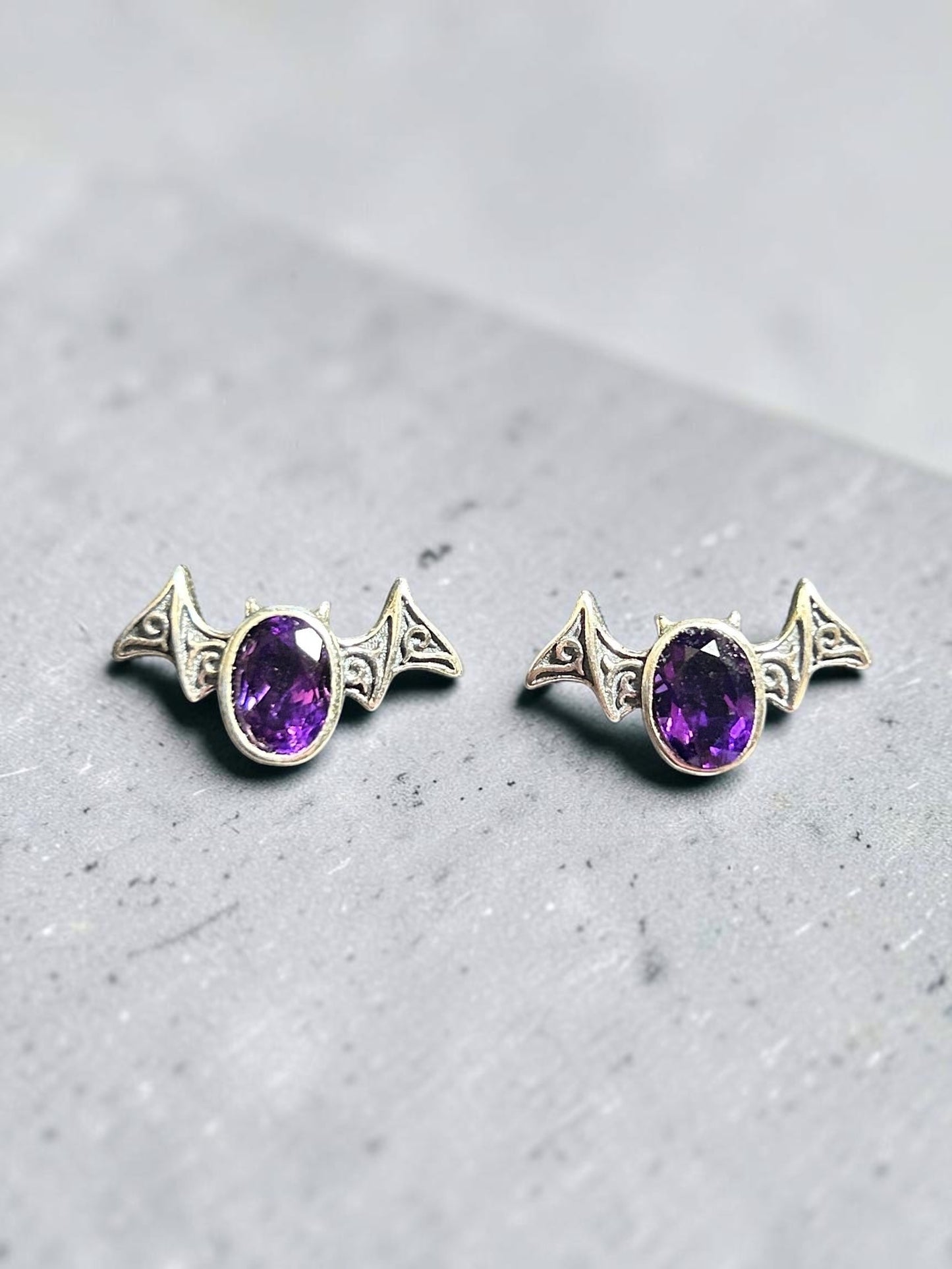Gothic Bat Earrings with Faceted Amethyst Gemstone • 925 Sterling Silver • Gift Box