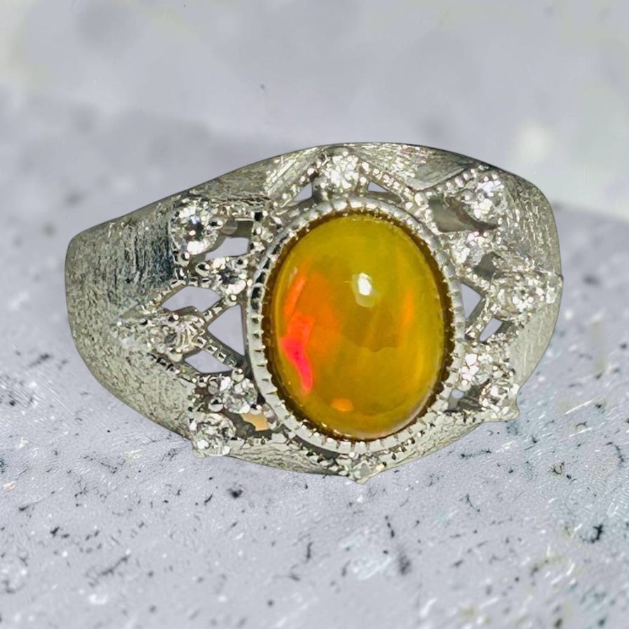 Men’s Chunky Gemstone Ring with Orange Opal Gemstone & CZ Accents • 925 Sterling Silver • Adjustable • Gift Box