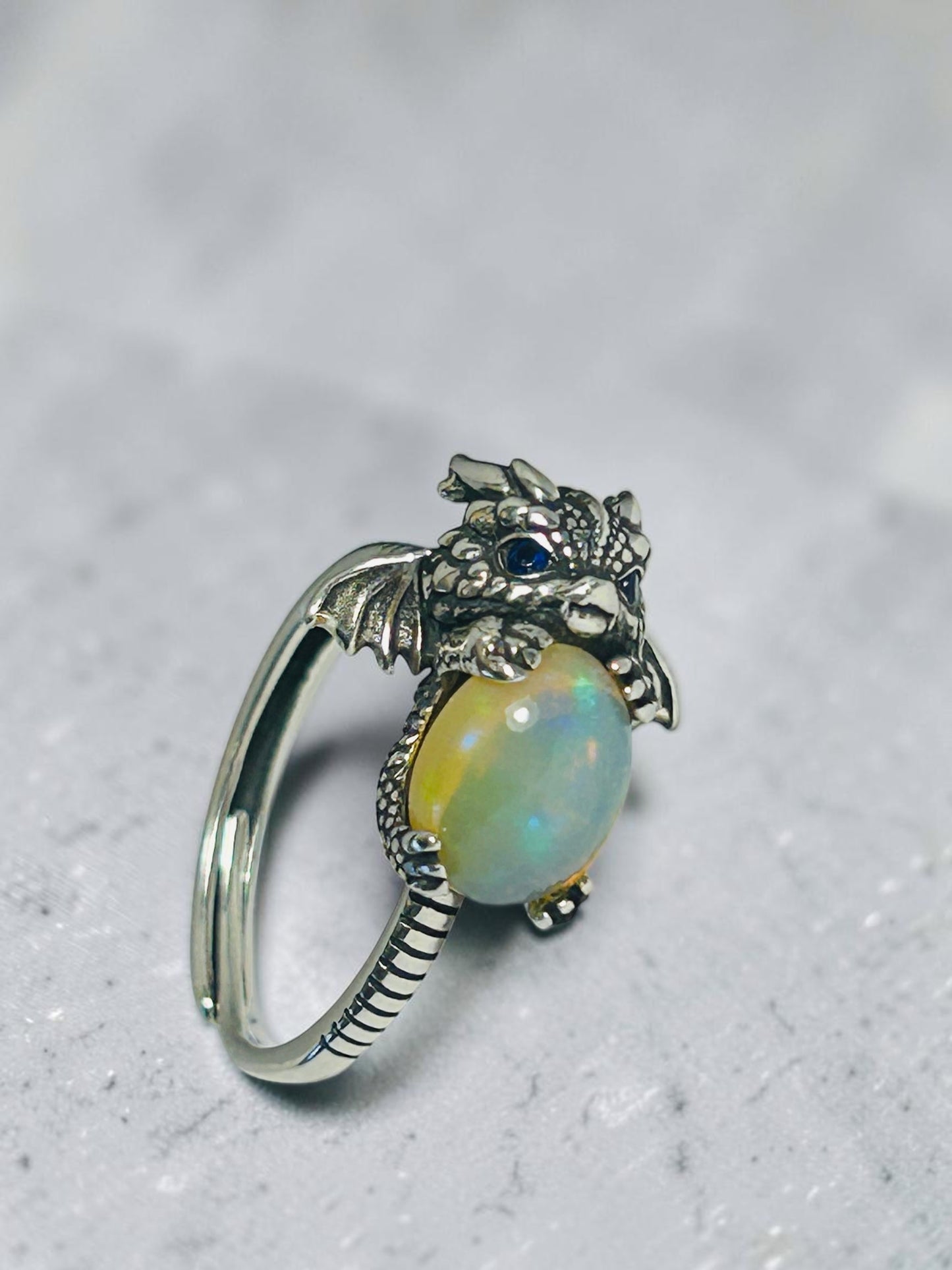 Baby Dragon Ring with Opal Gemstone • 925 Sterling Silver • Adjustable • Gift box