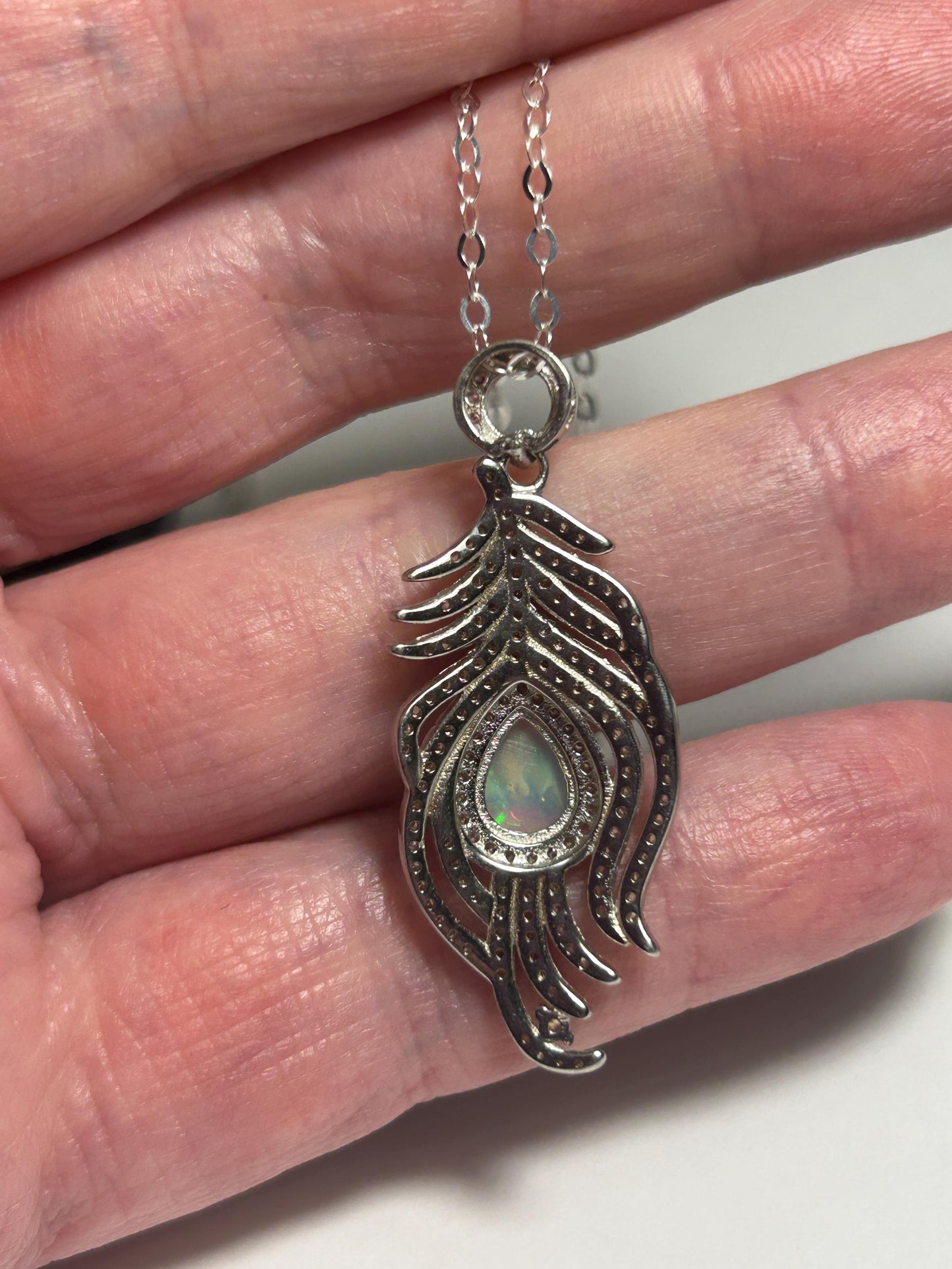 Sterling Silver Peacock Feather Pendant: Rainbow Opal & CZ