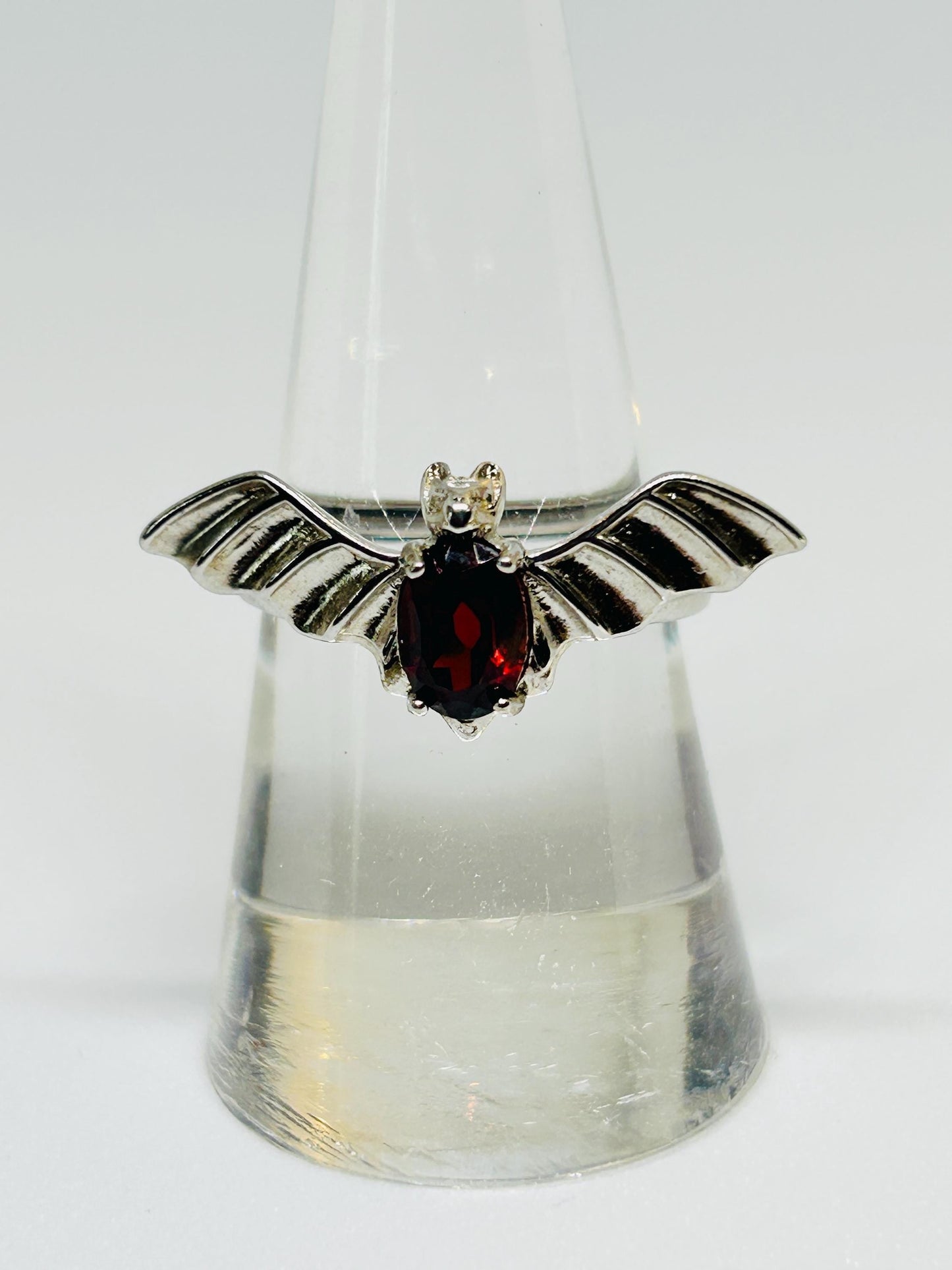 Gothic Bat Ring with Red Garnet Gemstone • 925 Sterling Silver • Adjustable • Gift Box