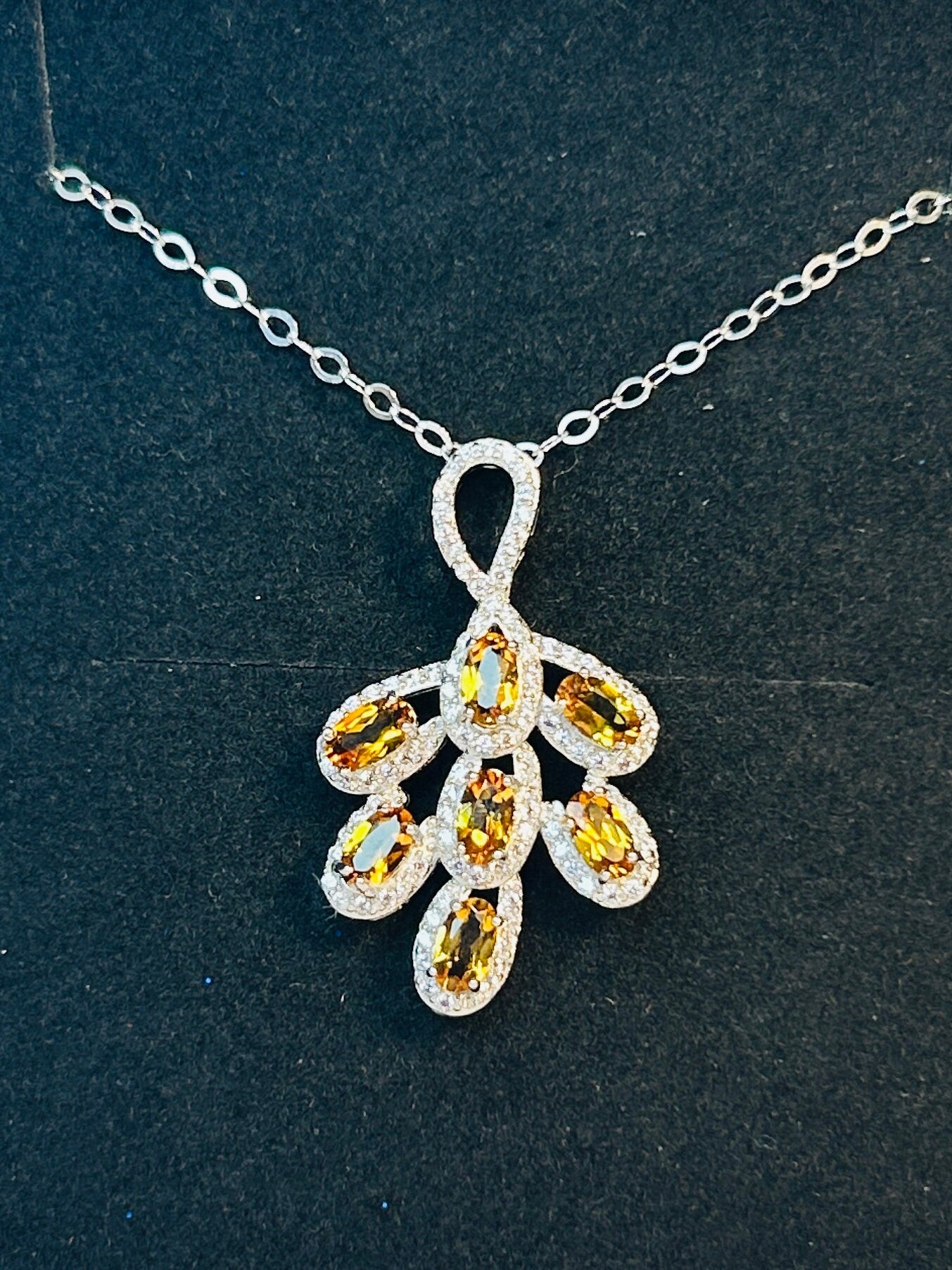 Citrine Leaf Pendant: 925 Sterling Silver & CZ Gemstones
