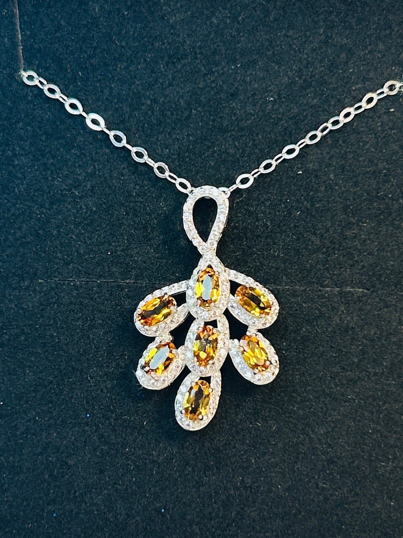 Leaf Pendant with Citrine Gemstones • 925 Sterling Silver • CZ Accents • Gift Box