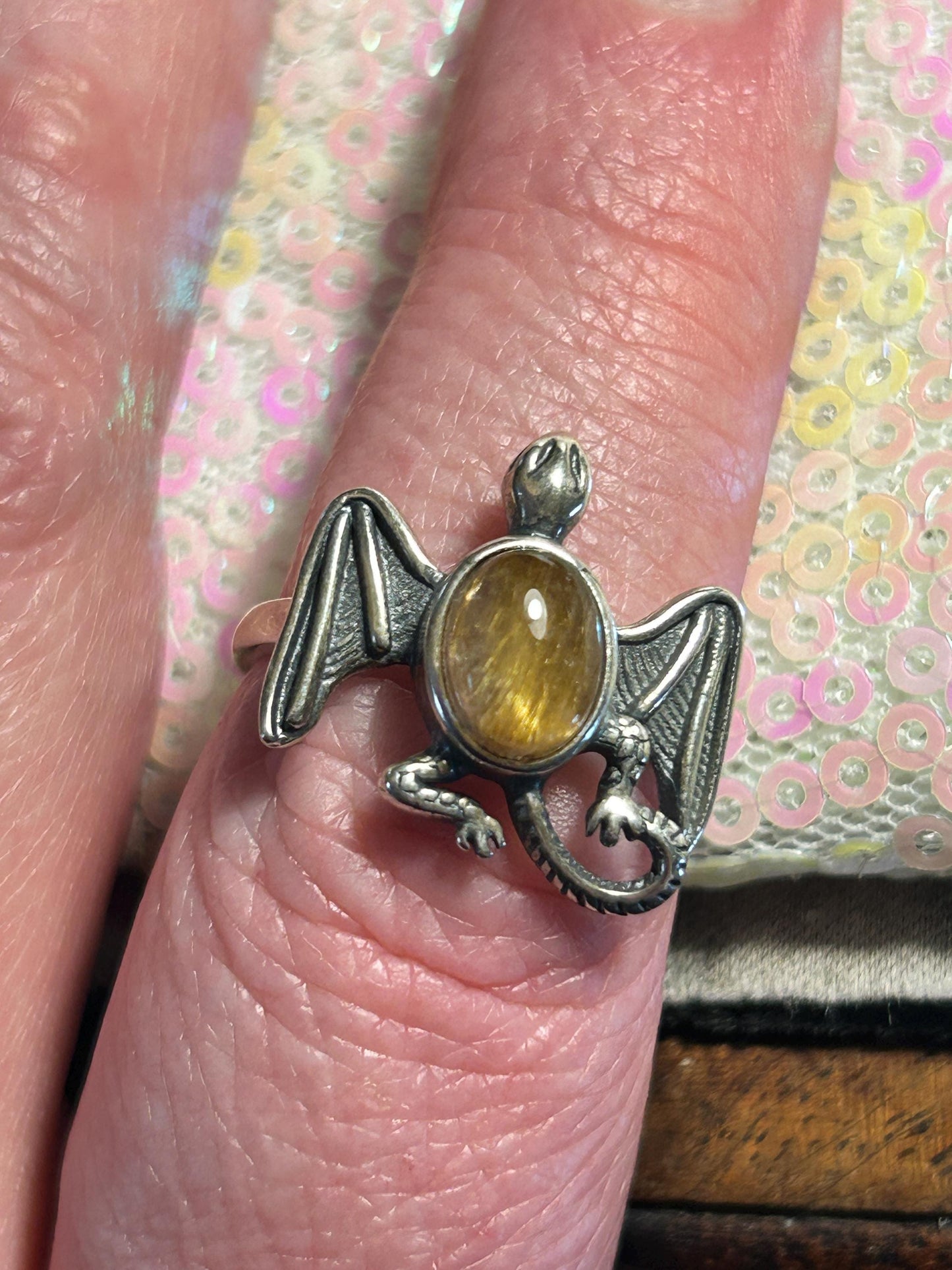 Silver Dragon Ring: Gold Rutilated Quartz Gemstone, Adjustable Band