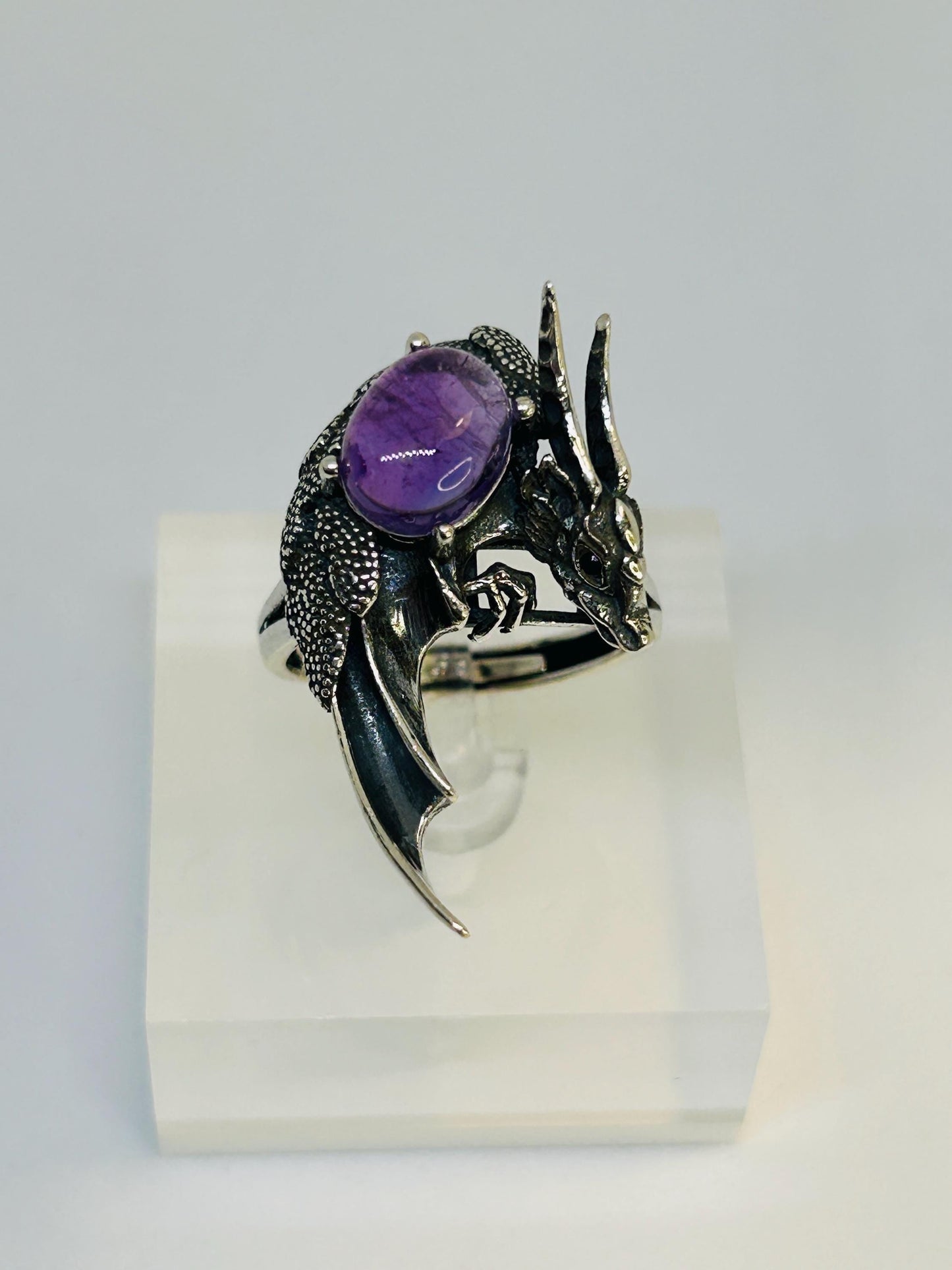 Dragon Ring with Amethyst • 925 Sterling Silver • Goth Witch Jewellery • Adjustable • Gift Box
