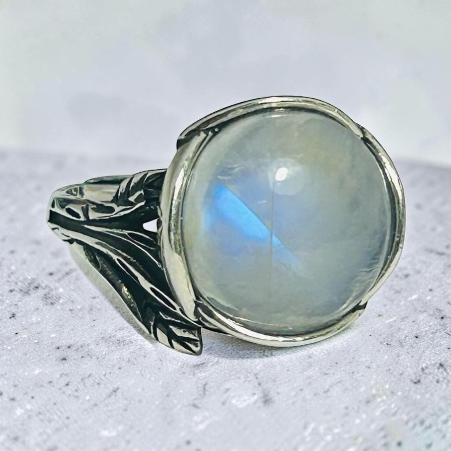 Large Moonstone Ring with Floral Theme • 925 Sterling Silver • Adjustable • Gift box