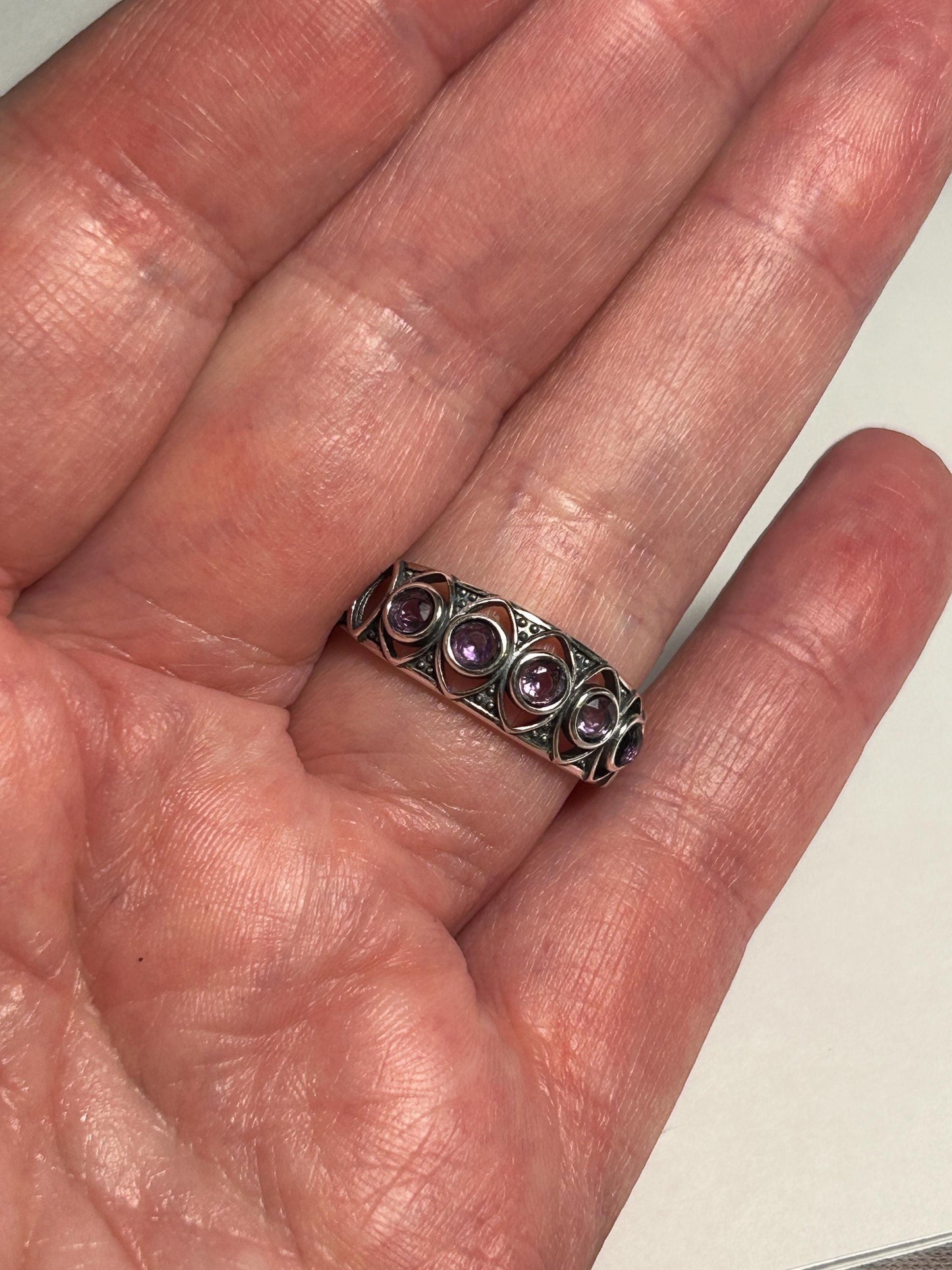 Amethyst Ring with Cut Out Design • 925 Sterling Silver • Adjustable • Gift box