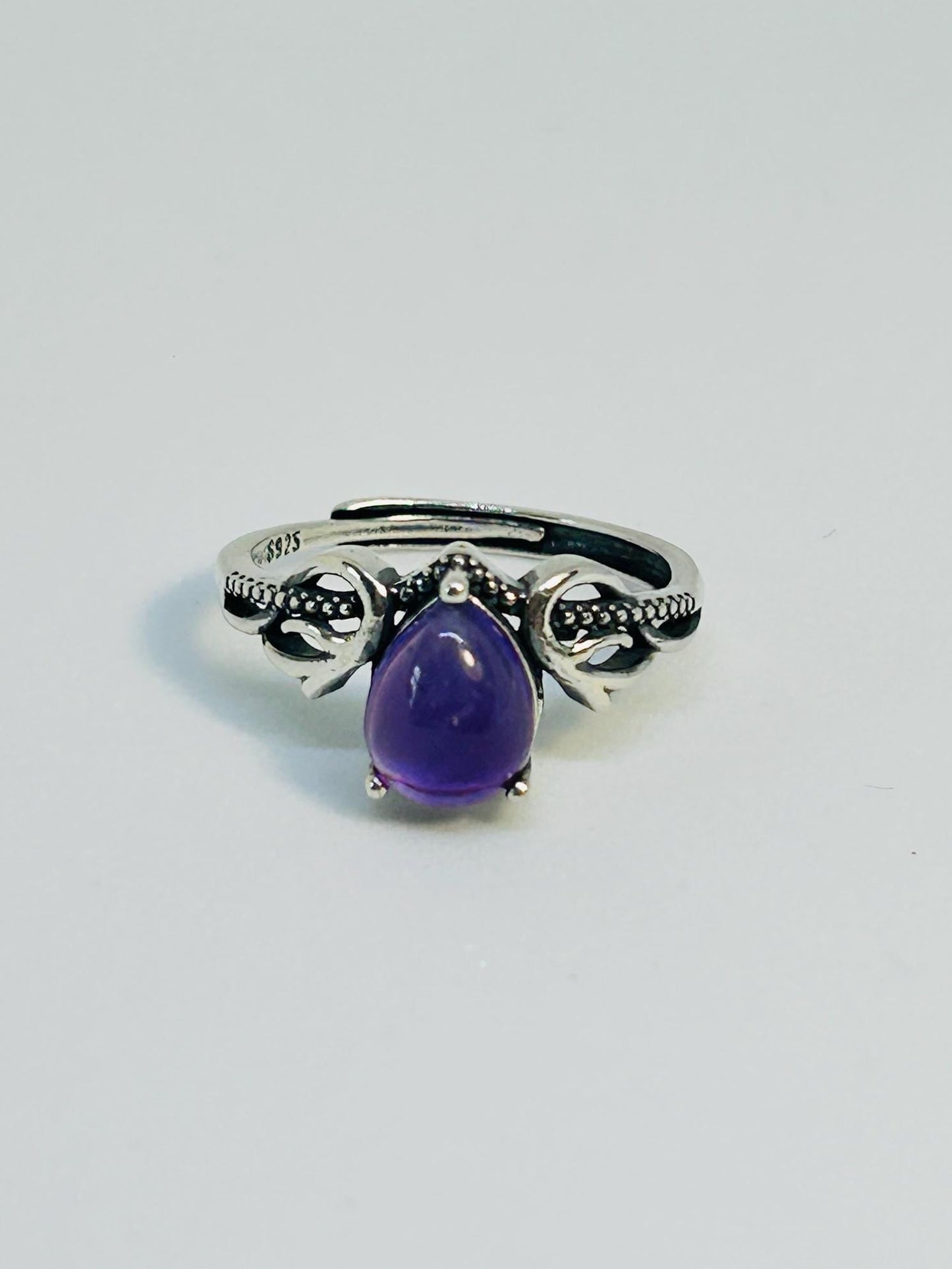 Dainty Crystal Ring with Teardrop Amethyst Gemstone • 925 Sterling Silver • Adjustable • Gift Box