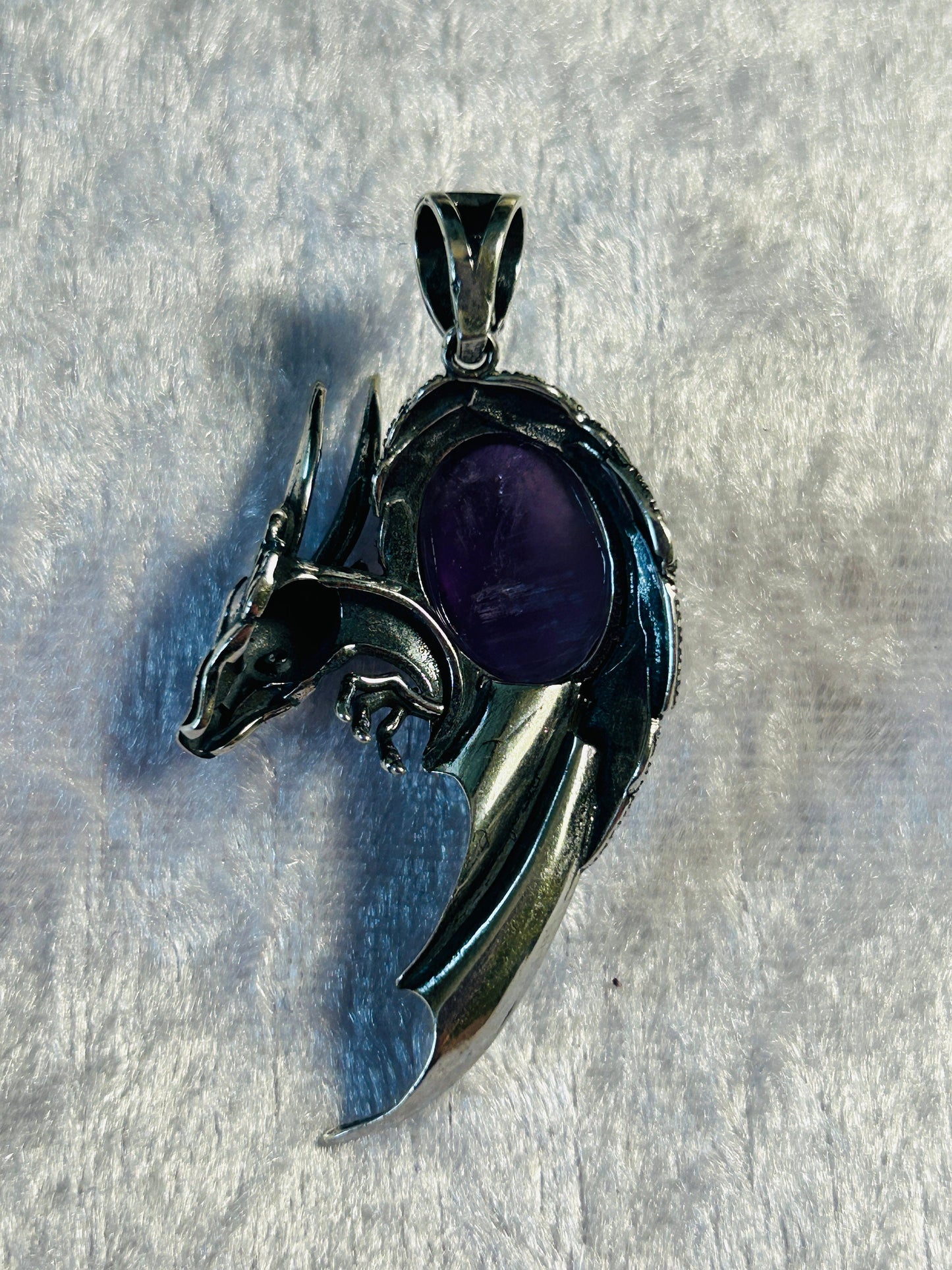 925 Sterling Silver Dragon Pendant: Amethyst Cabochon, Black Spinel Eyes