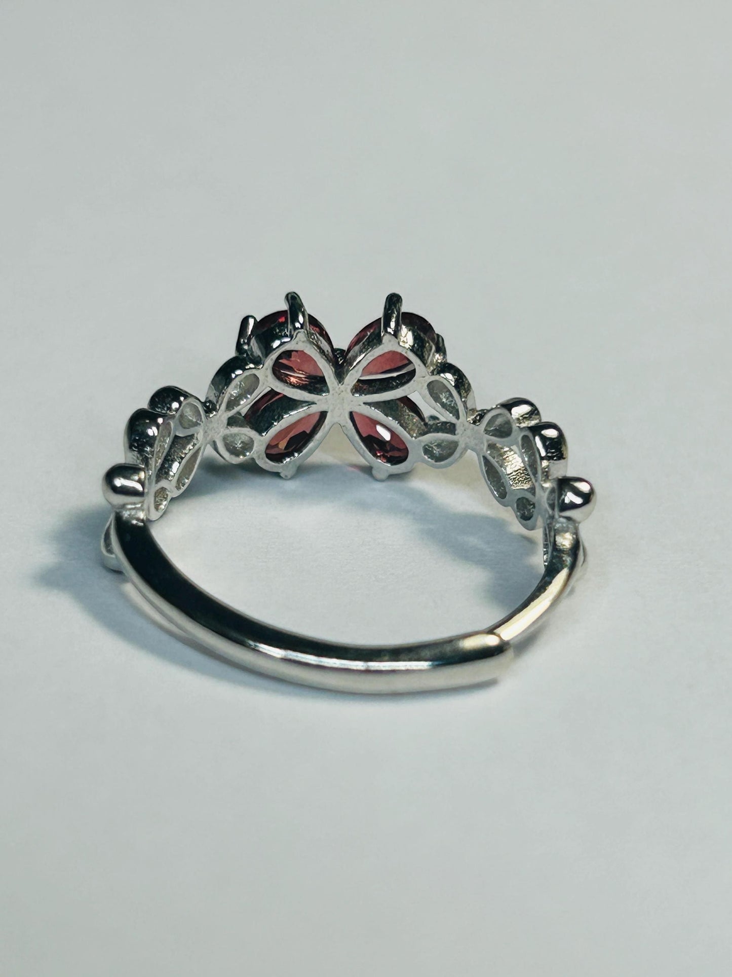 925 Silver Garnet Ring • Flower Design • Adjustable • Giftbox