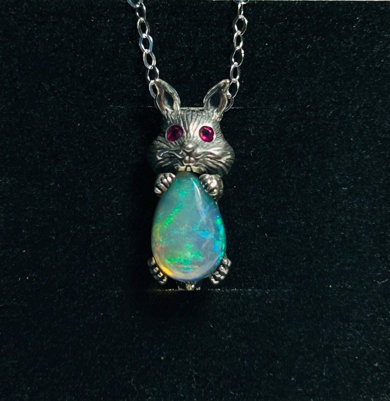 Rabbit Pendant with Opal Gemstone • 925 Sterling Silver • Gift Box