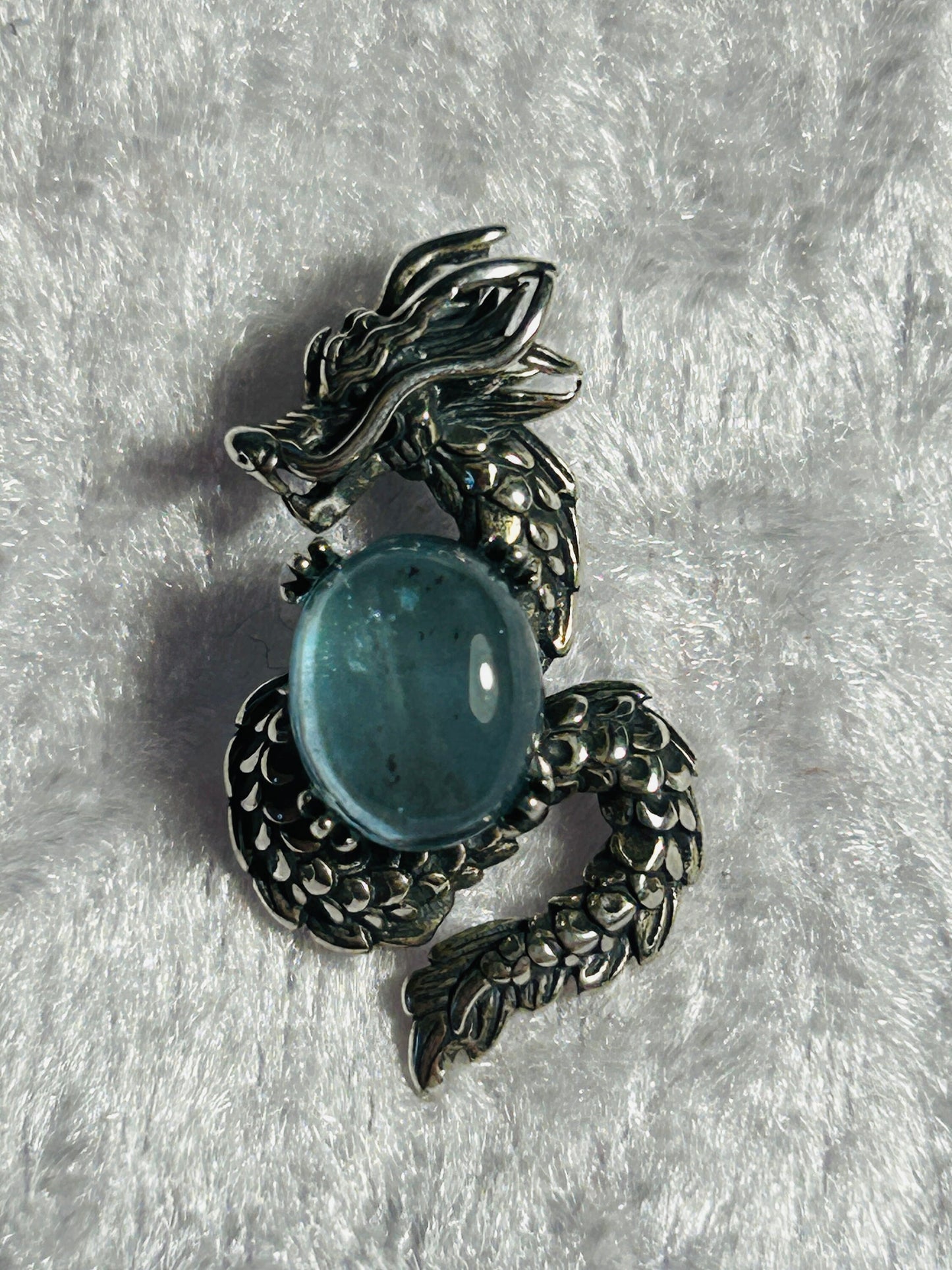 Dragon Pendant Made of 925 Silver With Aquamarine Crystal Gemstone - Supplied In Gift Box