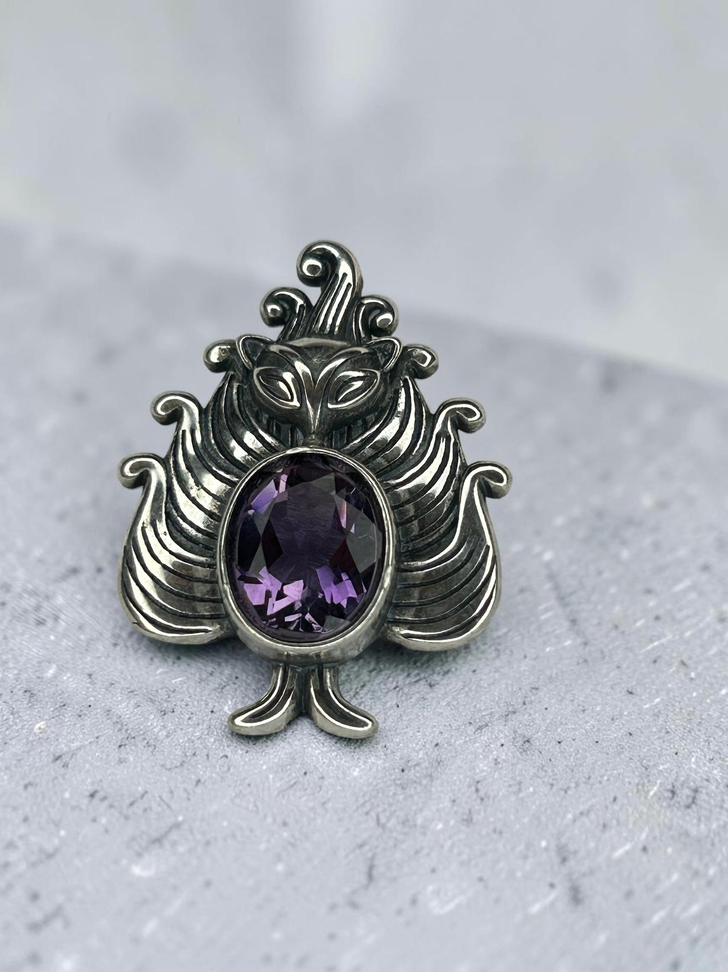 Nine Tailed Fox Pendant with Faceted Amethyst Gemstone • 925 Sterling Silver Kitsune • Gift Box