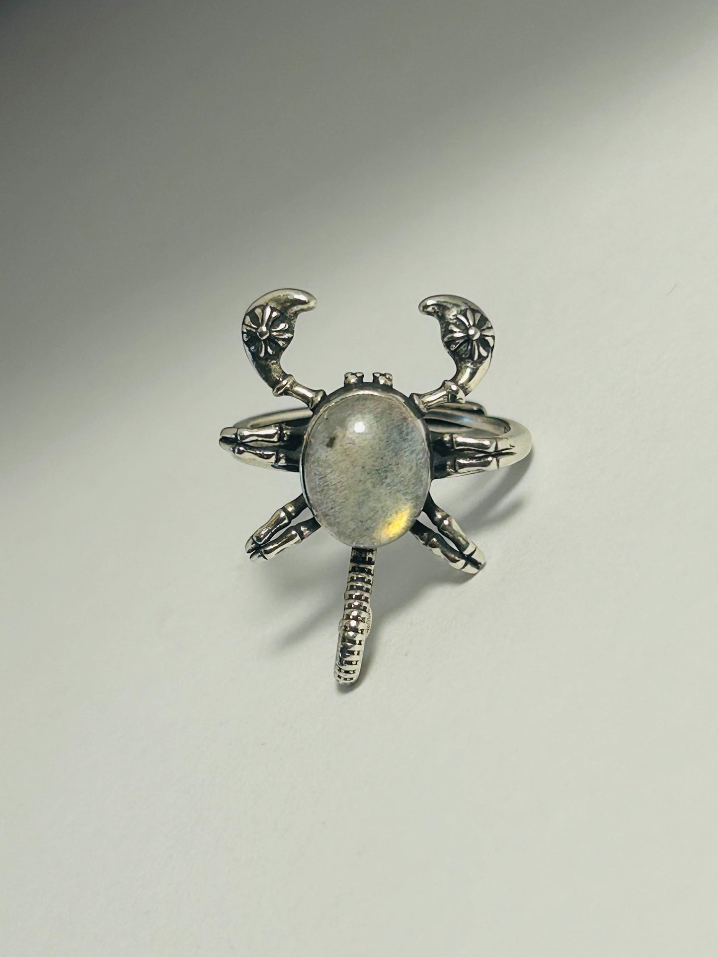Scorpion Ring with Labradorite Gemstone • 925 Sterling Silver • Adjustable • Gift box
