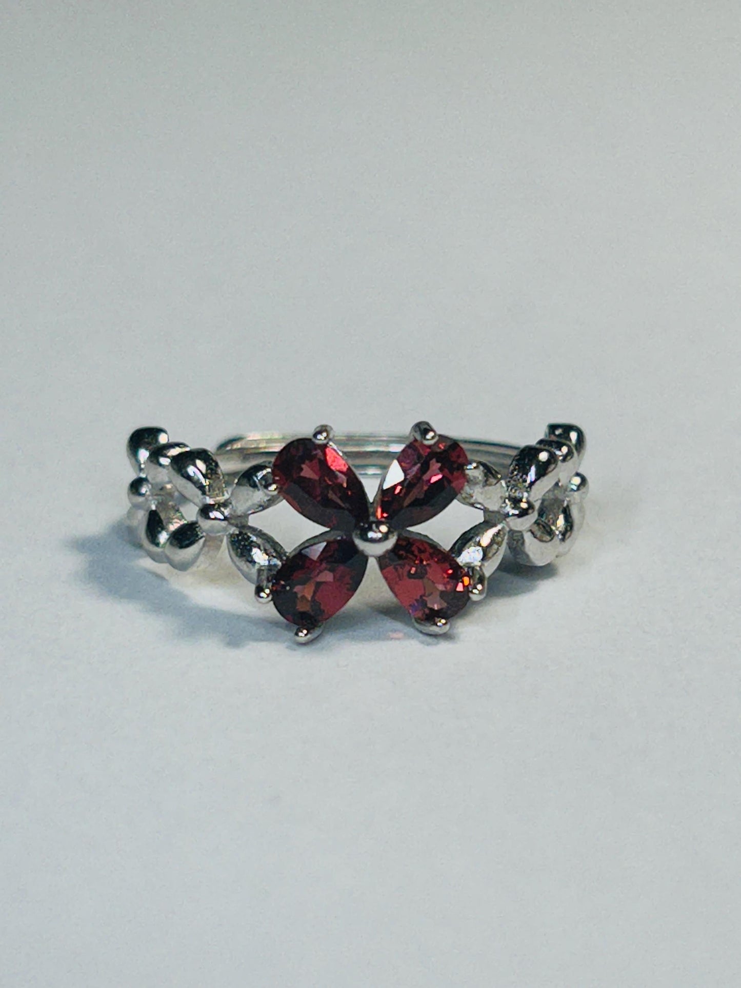 925 Silver Garnet Ring • Flower Design • Adjustable • Giftbox