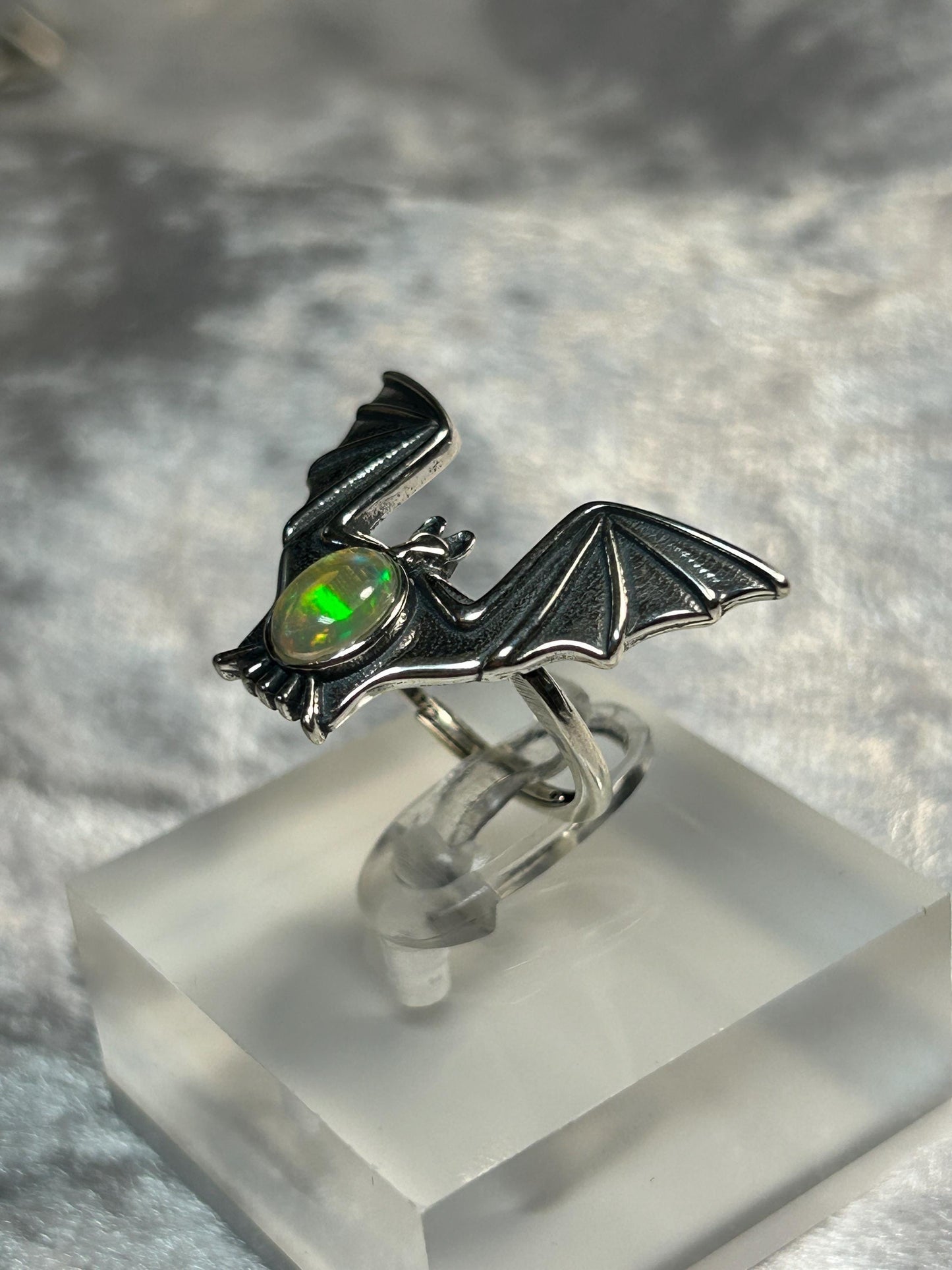 Large Gothic Bat Ring with Rainbow Opal Gemstone • 925 Sterling Silver • Adjustable • Gift Box