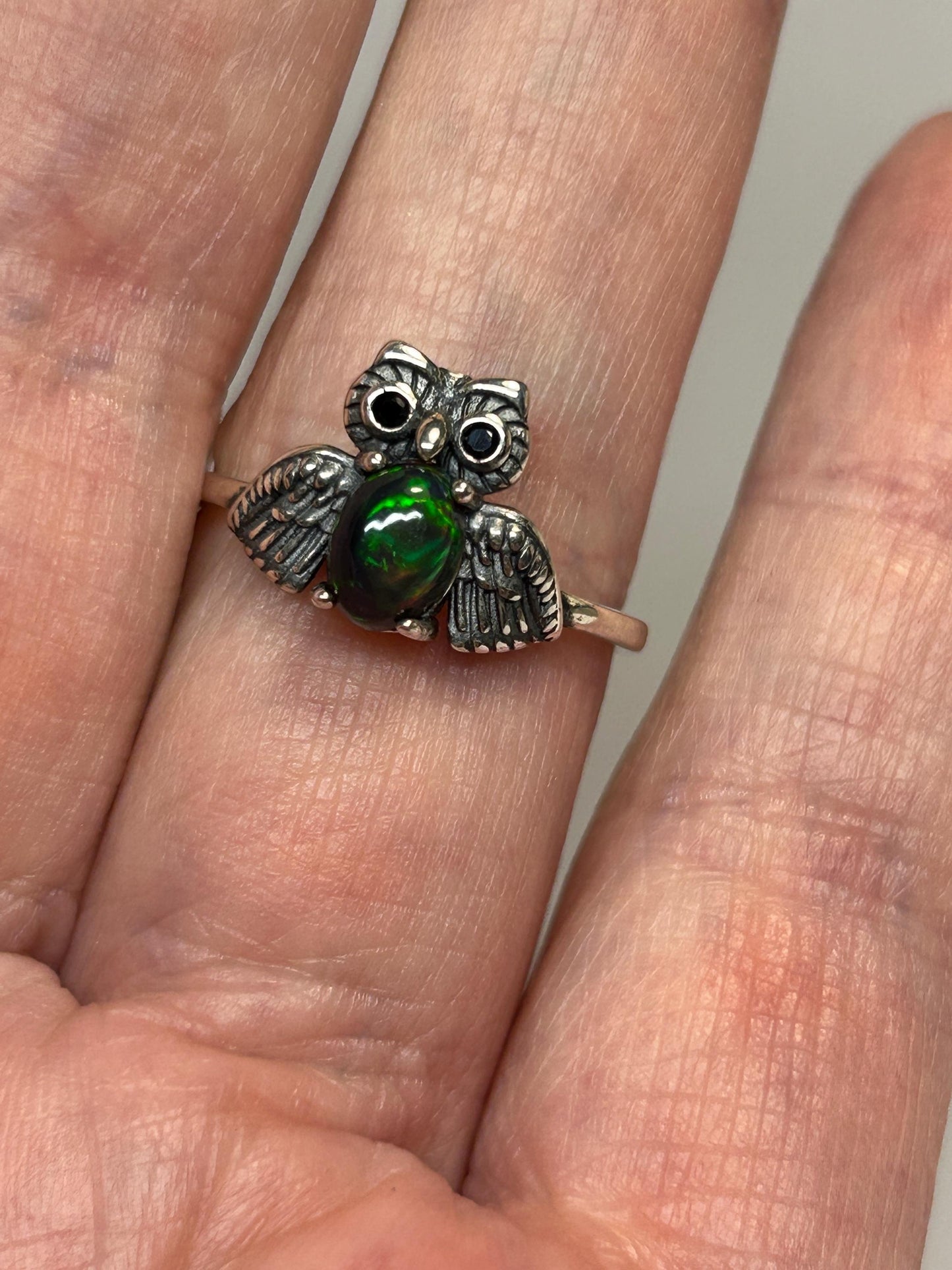 Owl Ring With Black Opal Gemstone • 925 Sterling Silver • Adjustable with Gift Box