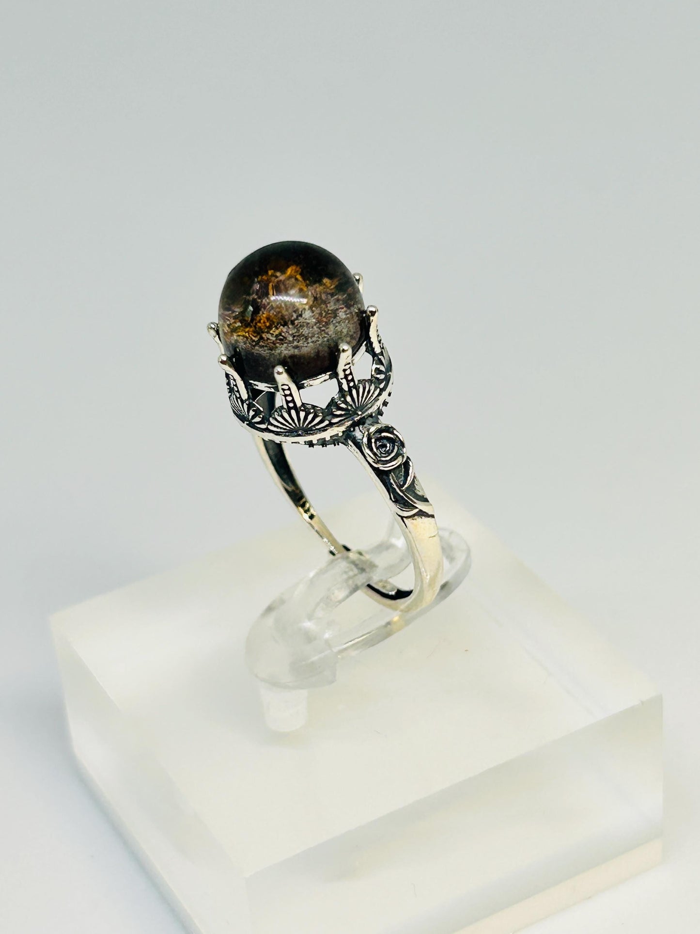Floral Ring with Garden Quartz Gemstone • 925 Sterling Silver • Adjustable • Gift Box