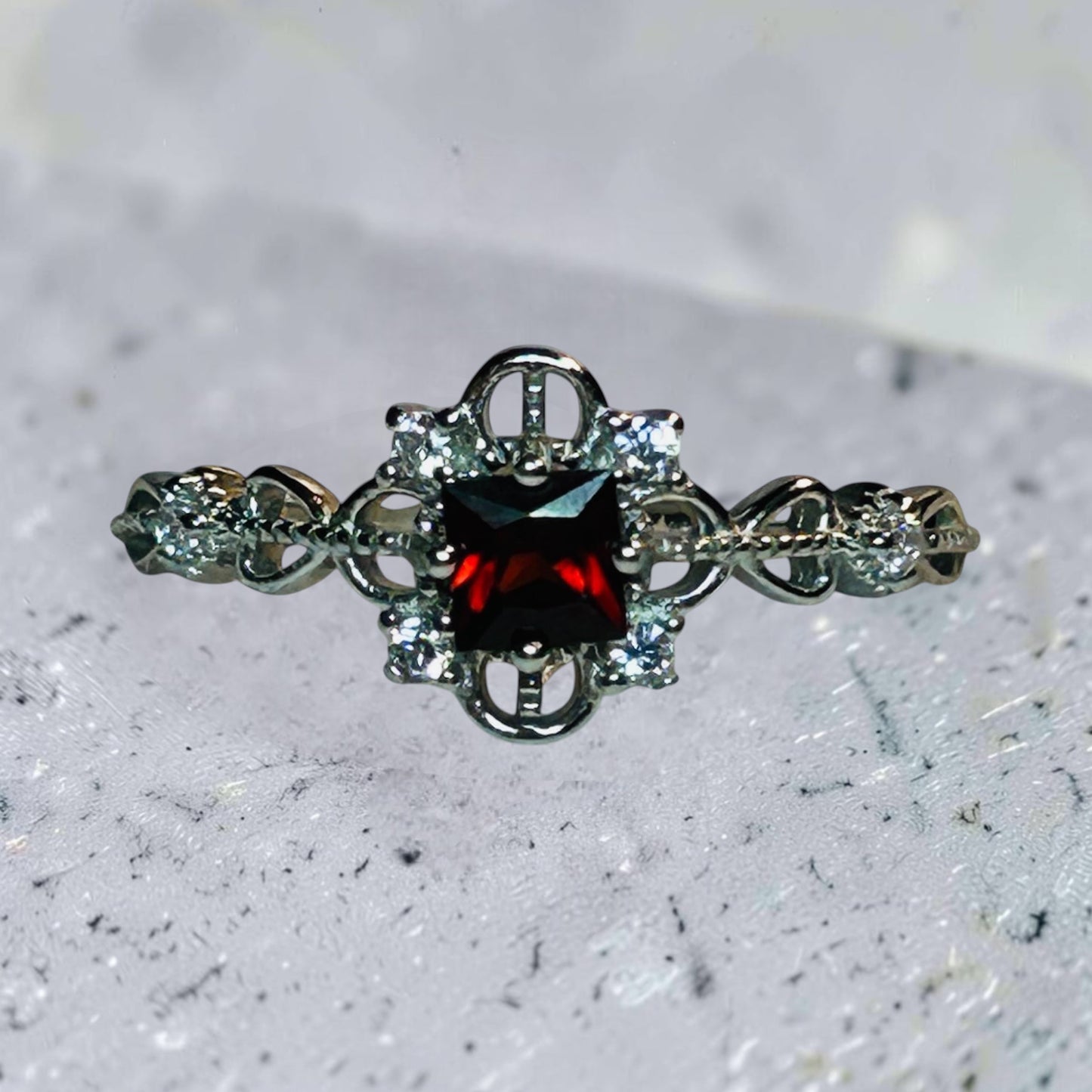 Ornate Garnet Ring with CZ Accents • 925 Sterling Silver • Adjustable • Gift Box