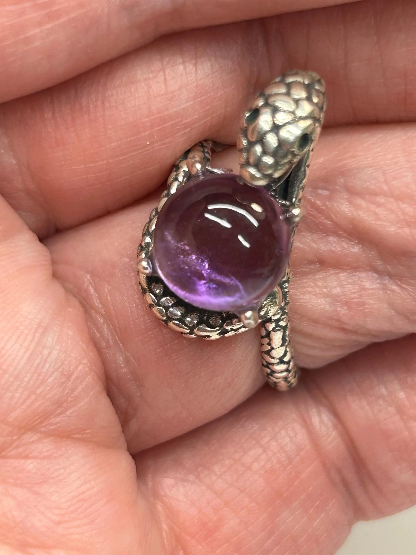 925 Silver Snake Ring with Amethyst - Adjustable Serpent Jewellery with CZ Eyes - Gift Boxed Celtic Dragon Jewellery