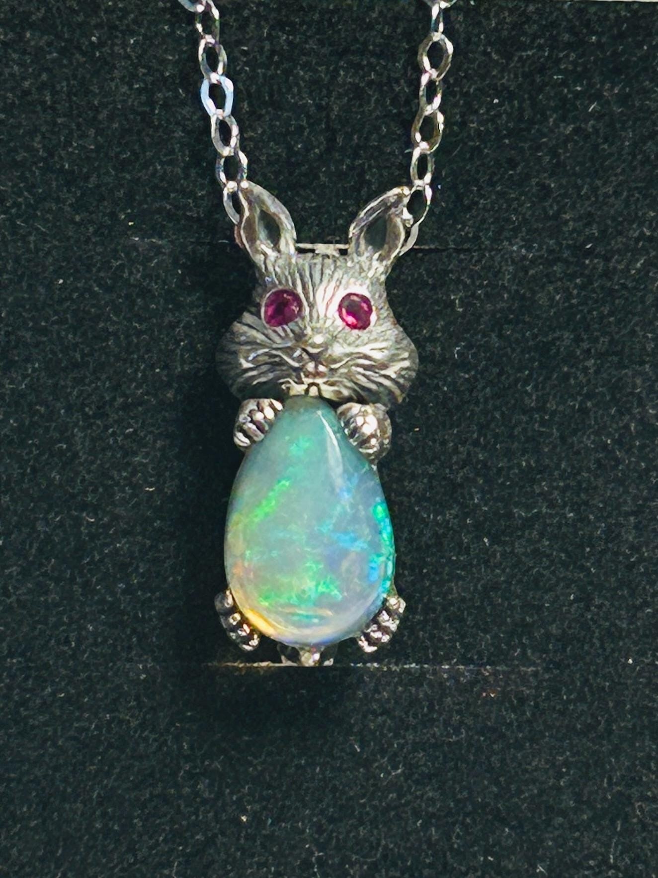 Rabbit Pendant with Opal Gemstone • 925 Sterling Silver • Gift Box