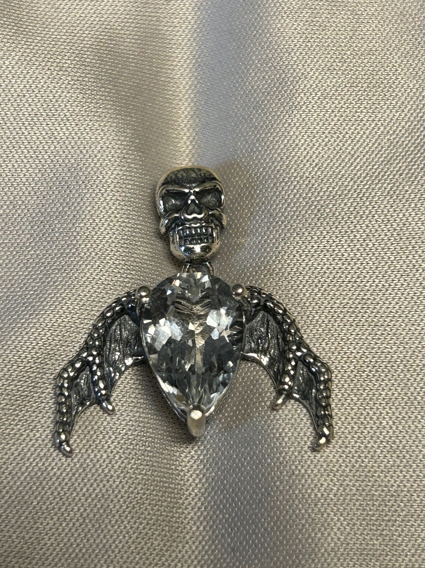 Gothic Skull Pendant with Bat Wings & Faceted Quartz Crystal - Sterling Silver Gemstone Jewelry