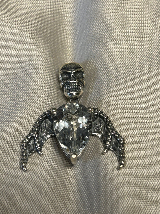 Gothic Skull Pendant with Bat Wings & Faceted Quartz Crystal - Sterling Silver Gemstone Jewelry